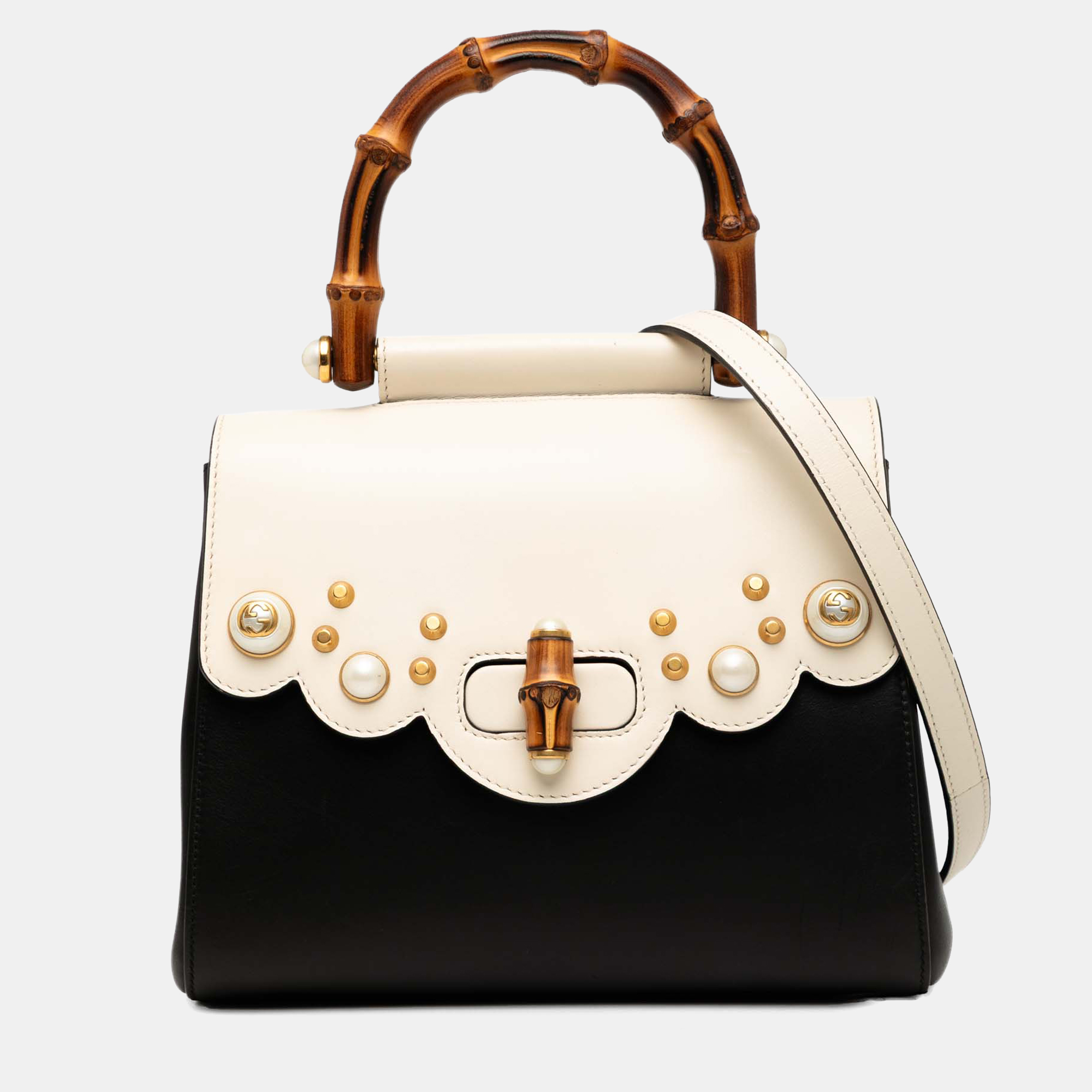 

Gucci Black White Bicolor Studded Calfskin Bamboo Top Handle Bag