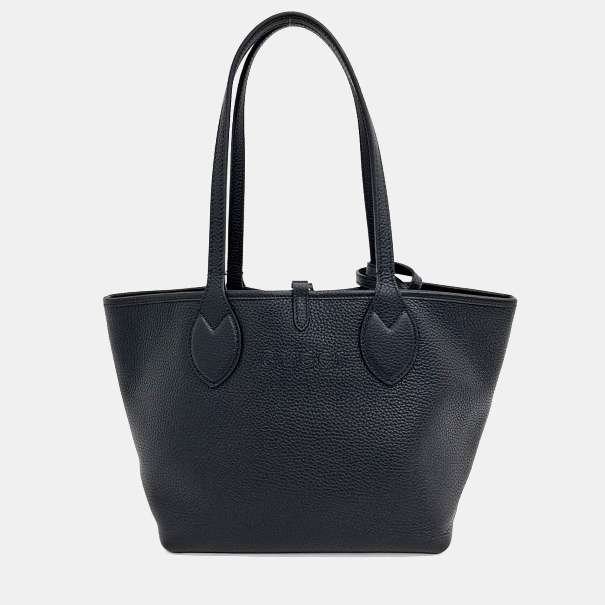 

Gucci Black Leather Tortissima Reversible Tote Bag Small