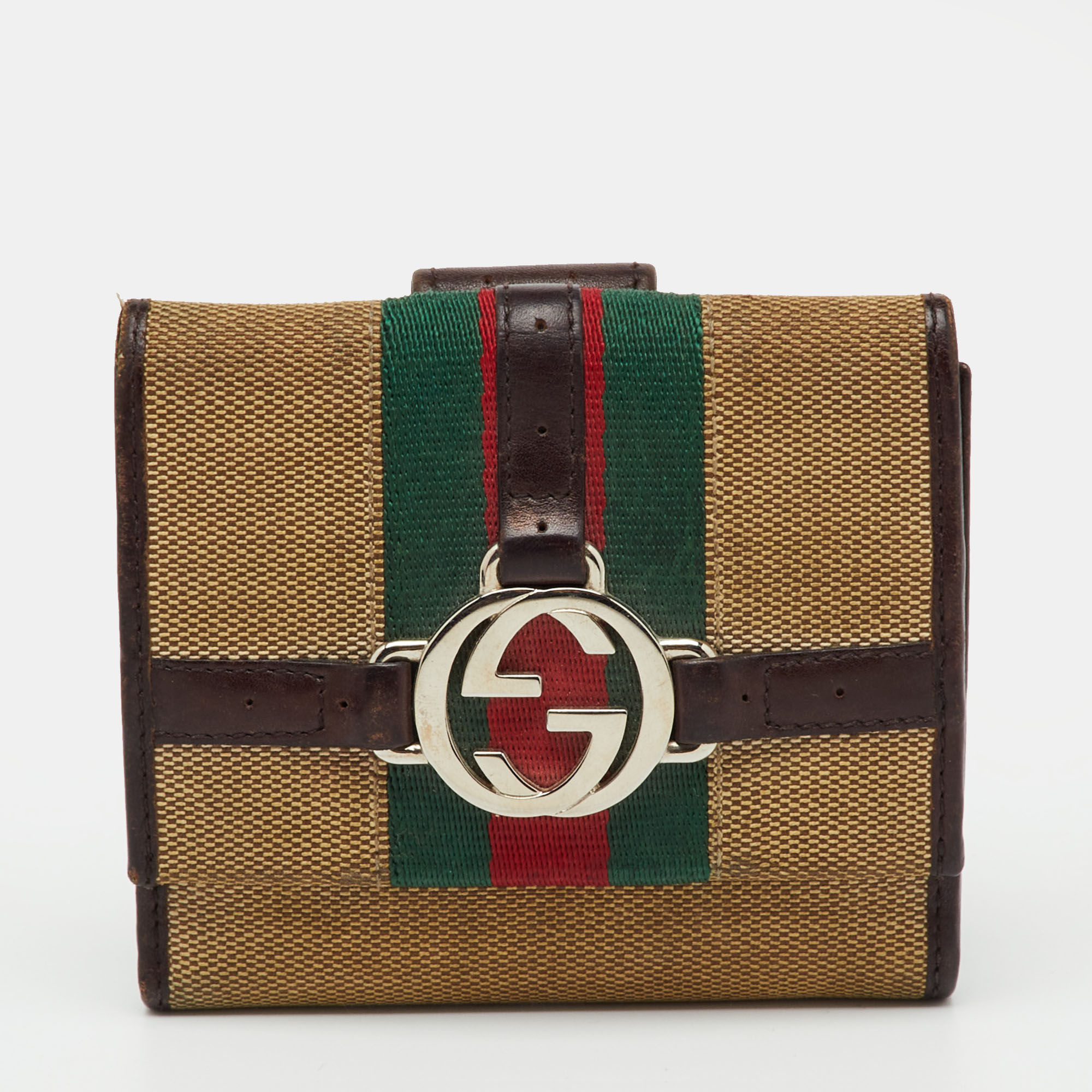 

Gucci Beige/Brown Canvas and Leather Web GG Reins Compact Wallet