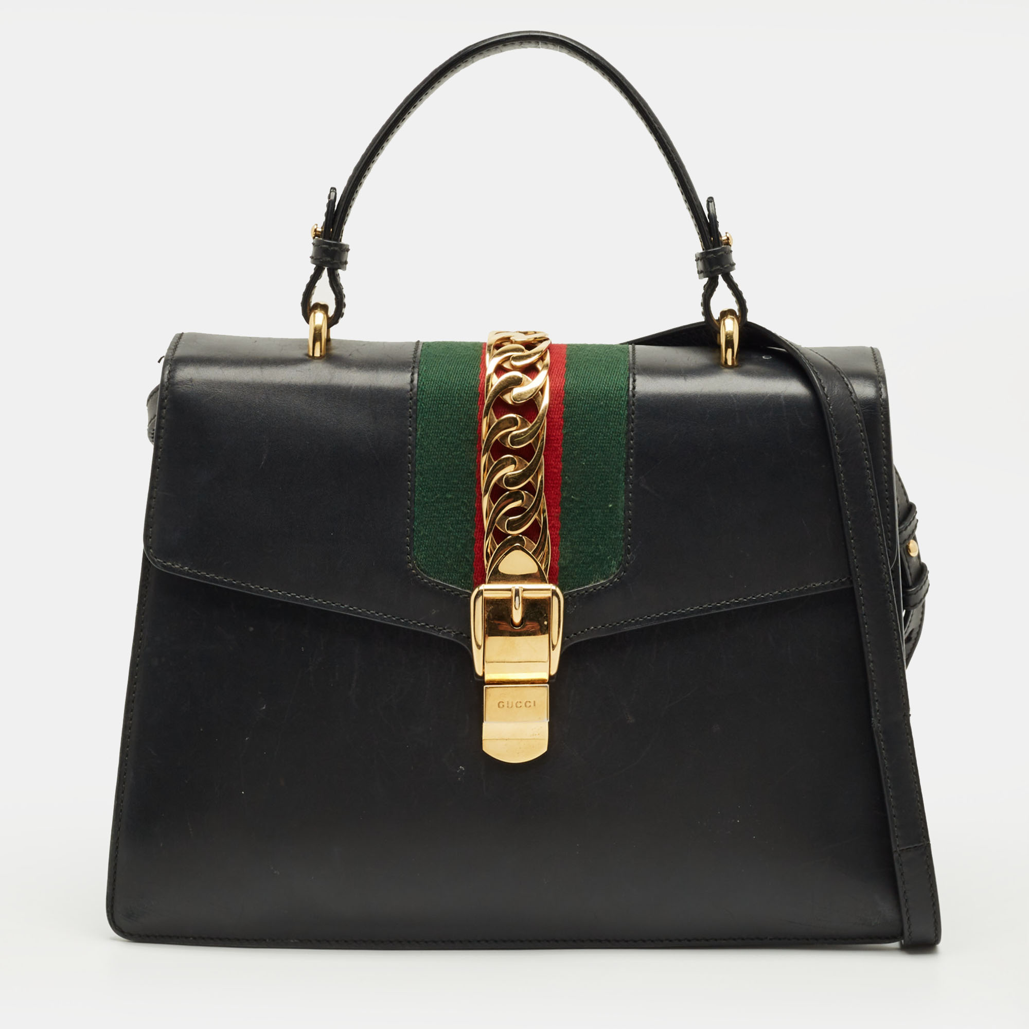 

Gucci Black Leather Medium Web Sylvie Top Handle Bag