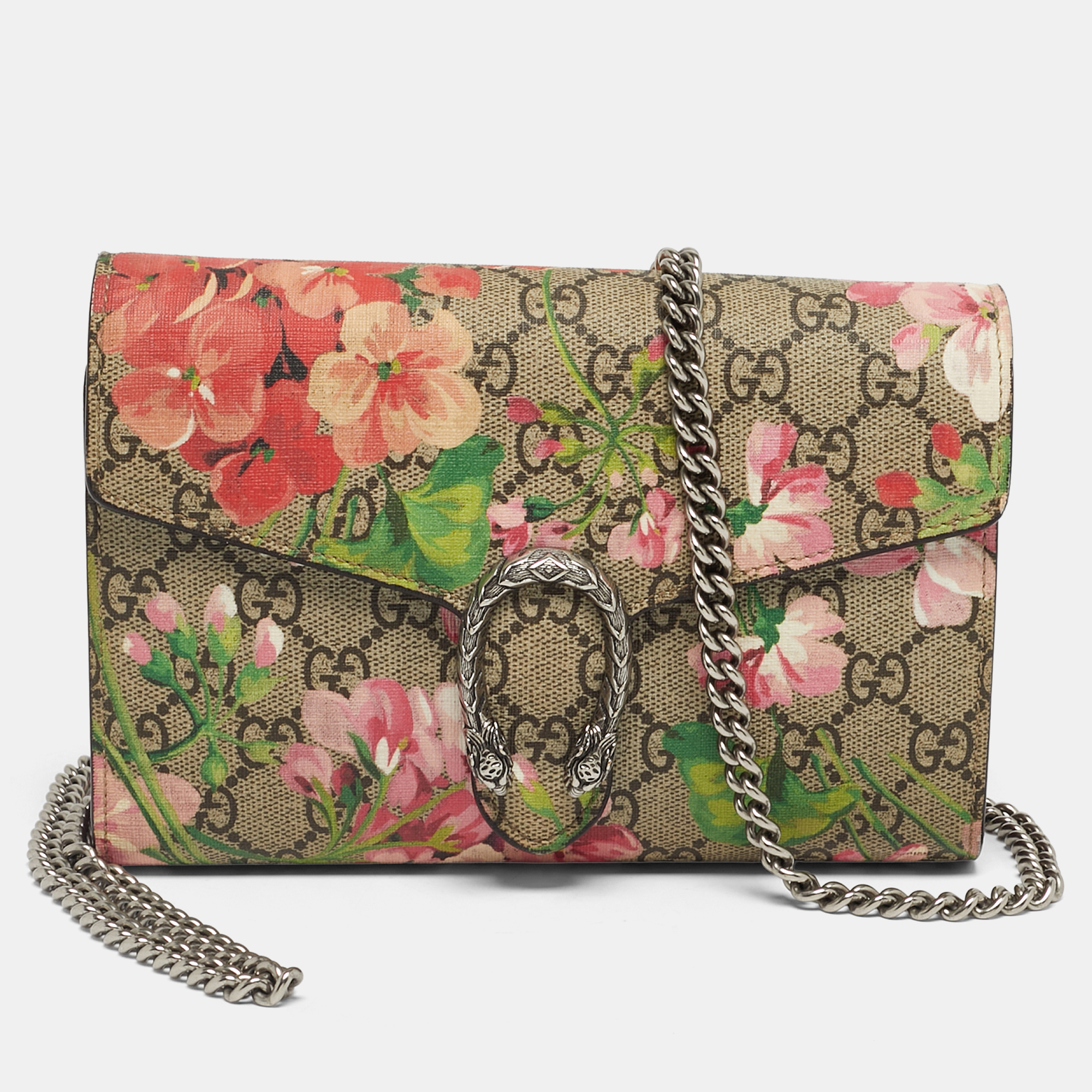 

Gucci Old Rose/Beige GG Supreme Canvas Dionysus Blooms Wallet on Chain, Pink