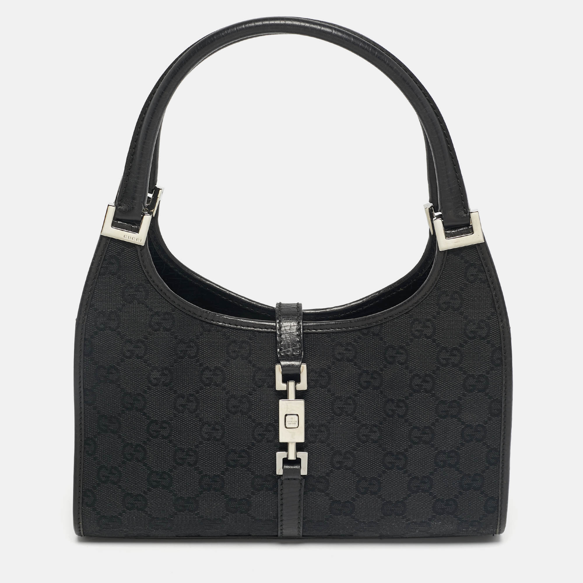 Pre-owned Gucci Black Gg Canvas And Leather Jackie Bardot Bag