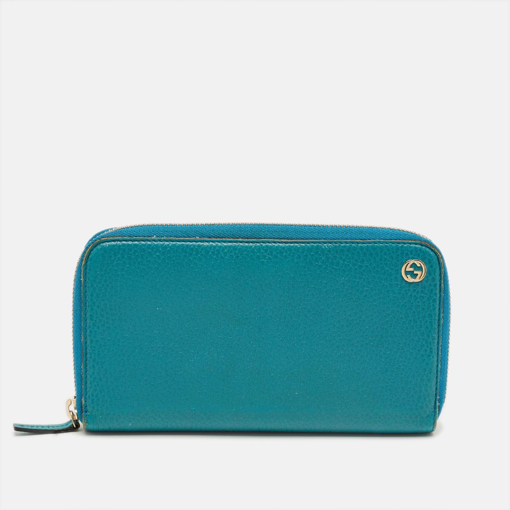Pre-owned Gucci Turquoise Blue Leather Interlocking G Zip Around Wallet