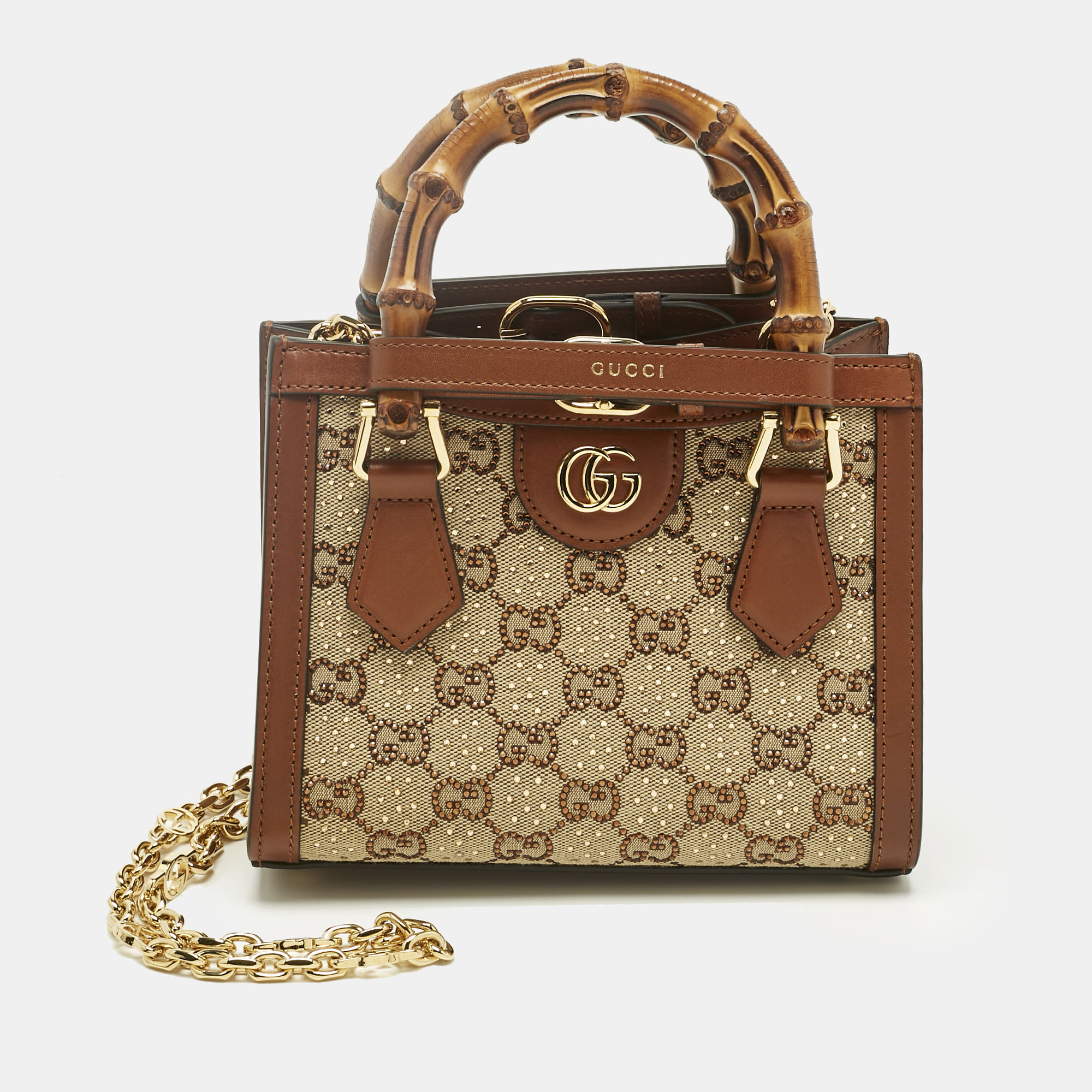 Pre-owned Gucci Brown/beige Gg Canvas Mini Crystal Diana Tote