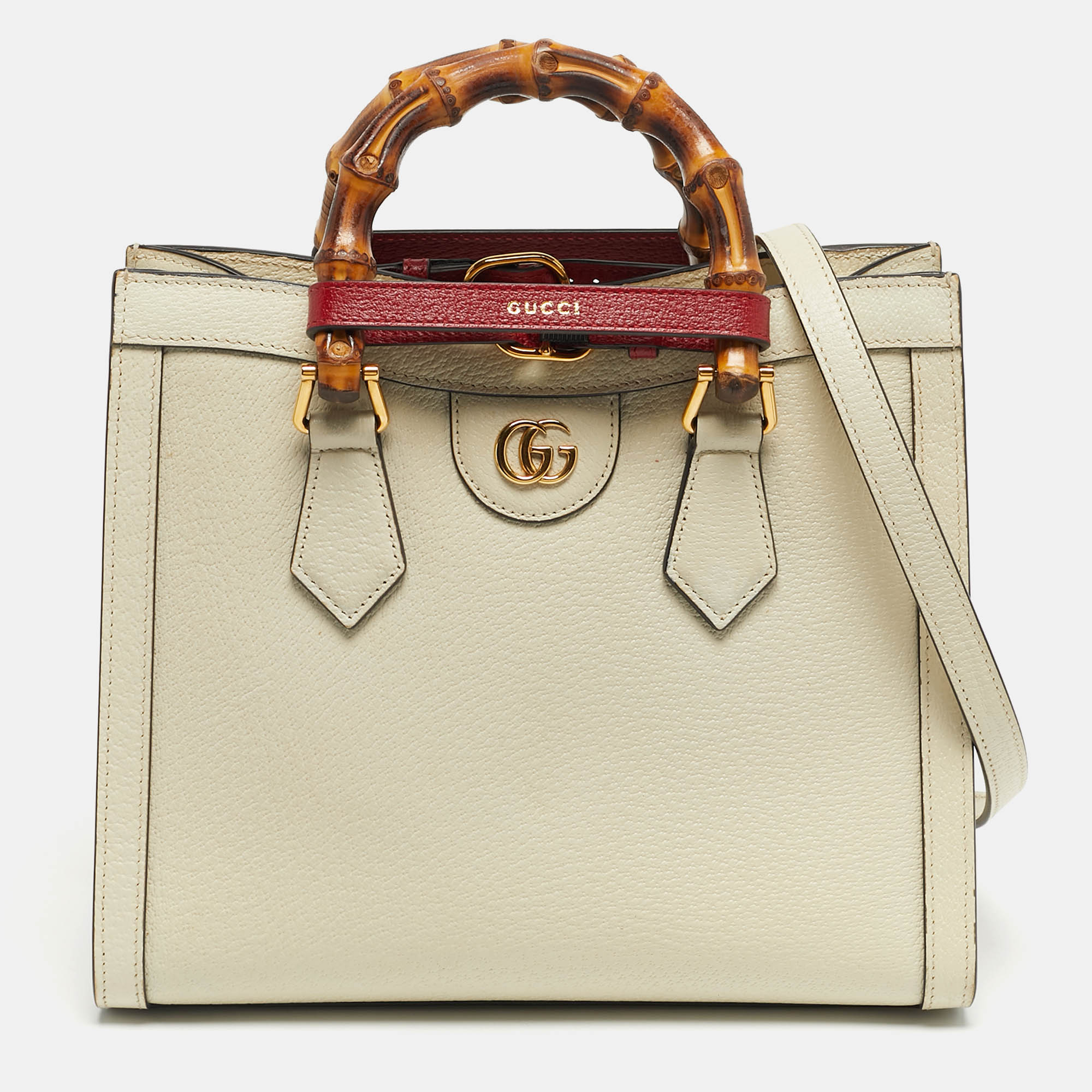 Pre-owned Gucci Off White Leather Small Bamboo Diana Tote