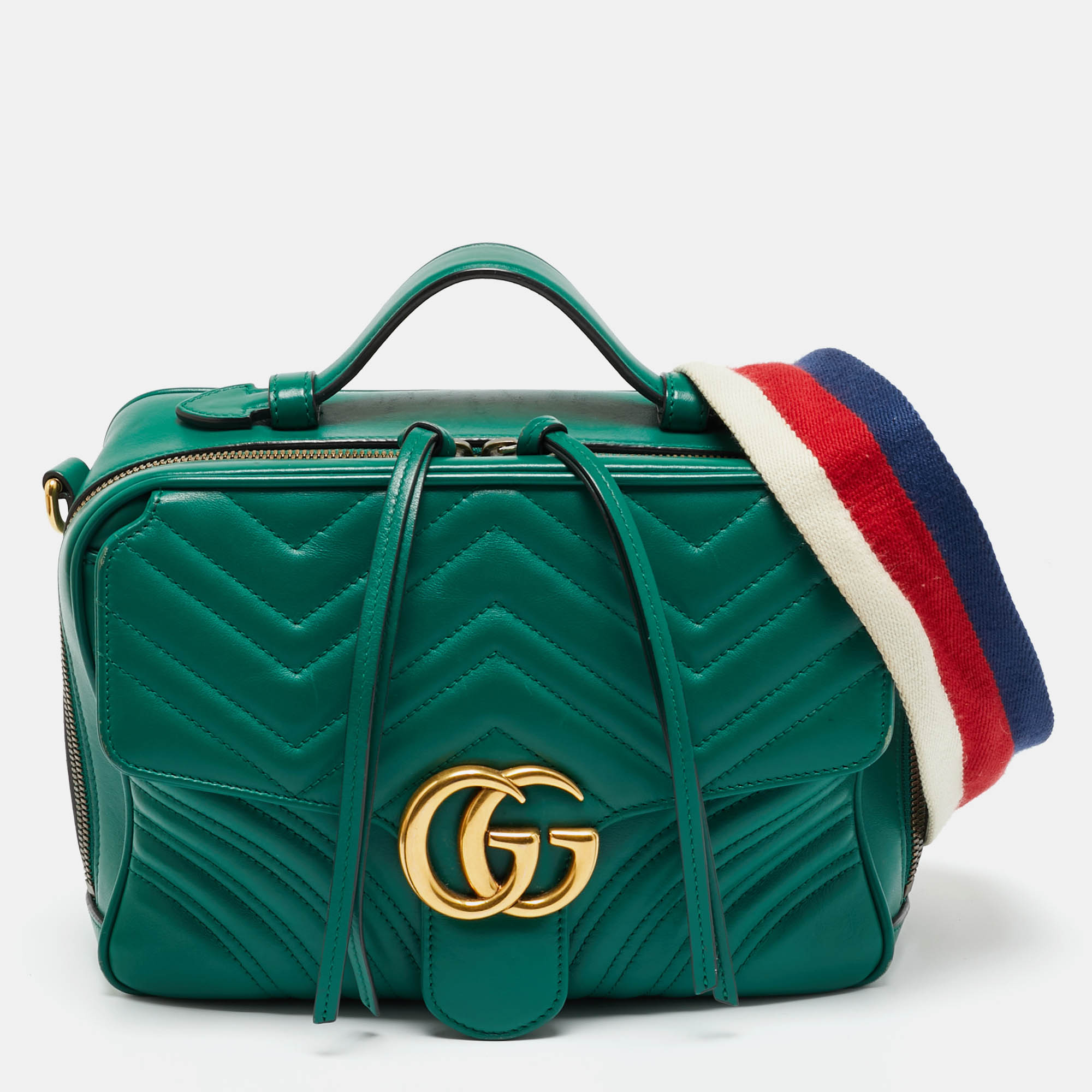 Gucci Green Matelasse Leather GG Marmont Camera Top Handle Bag