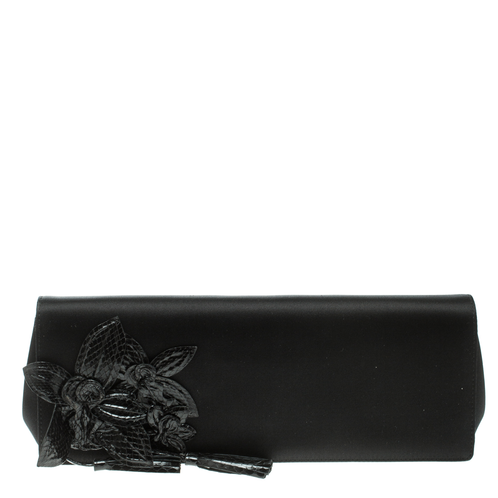 مملوكة مسبقًا Gucci Black Satin and Snakeskin Floral Embellished Clutch 