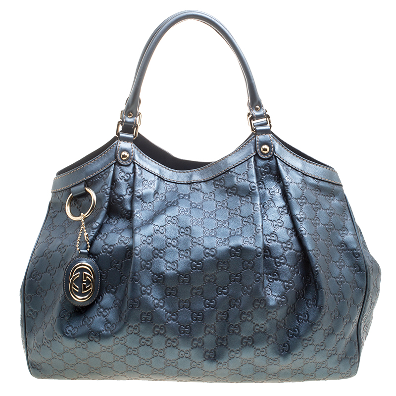 Pre Owned Gucci Teal Blue Guccissima Leather Large Sukey Tote