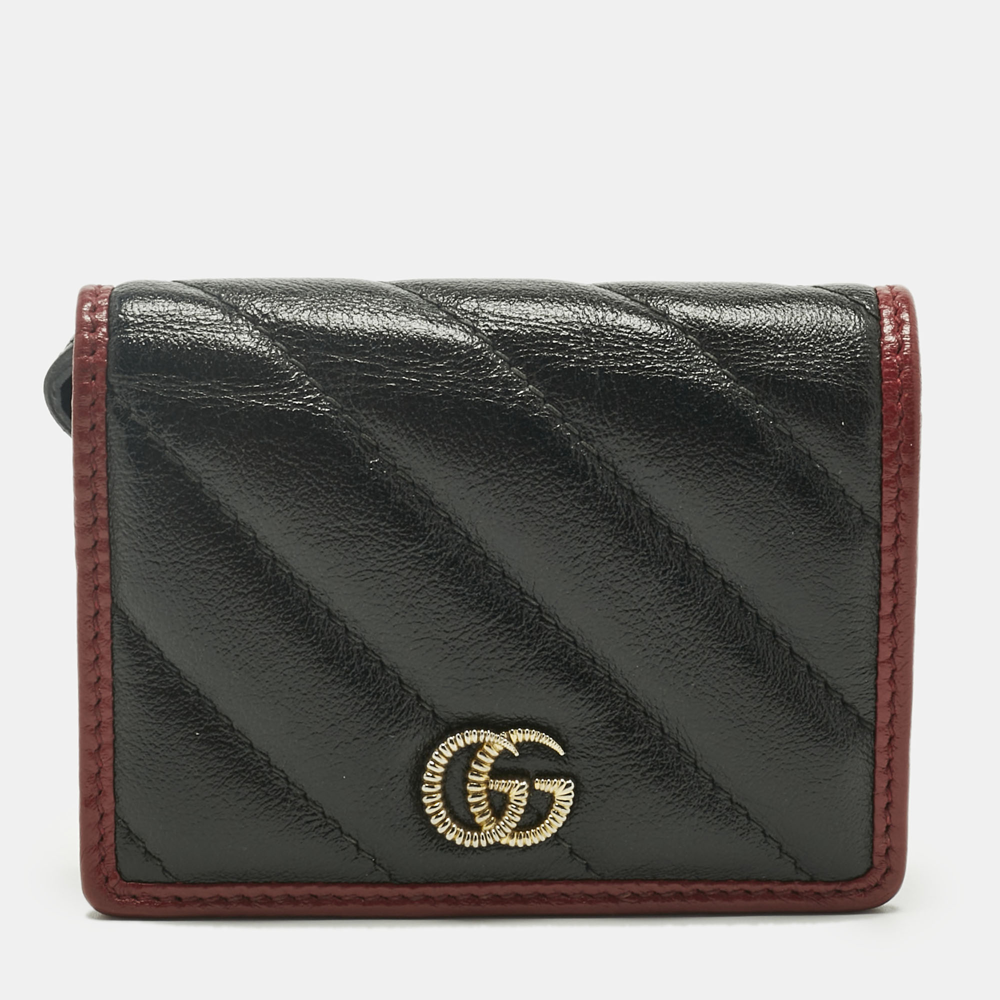 Pre-owned Gucci Black/red Diagonal Quilt Leather Gg Marmont Torchon Card Case