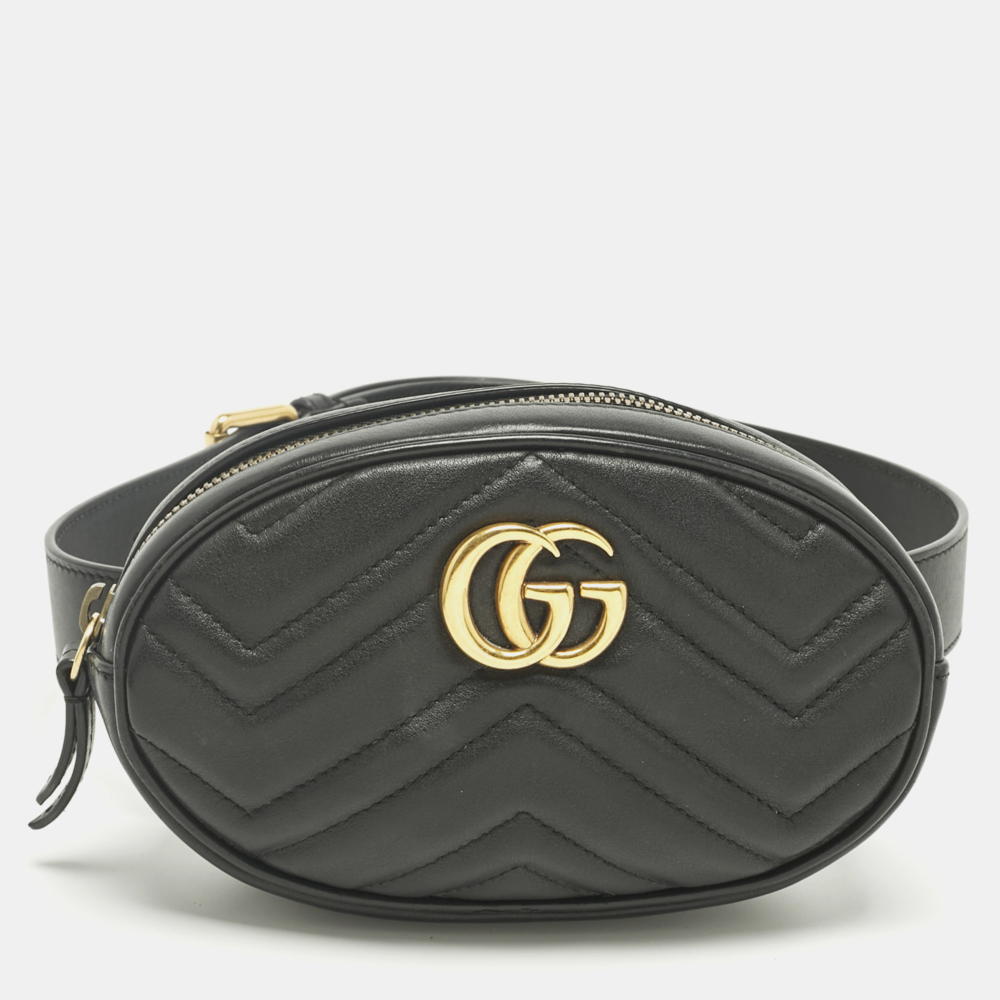Pre-owned Gucci Black Matelassé Leather Mini Gg Marmont Belt Bag