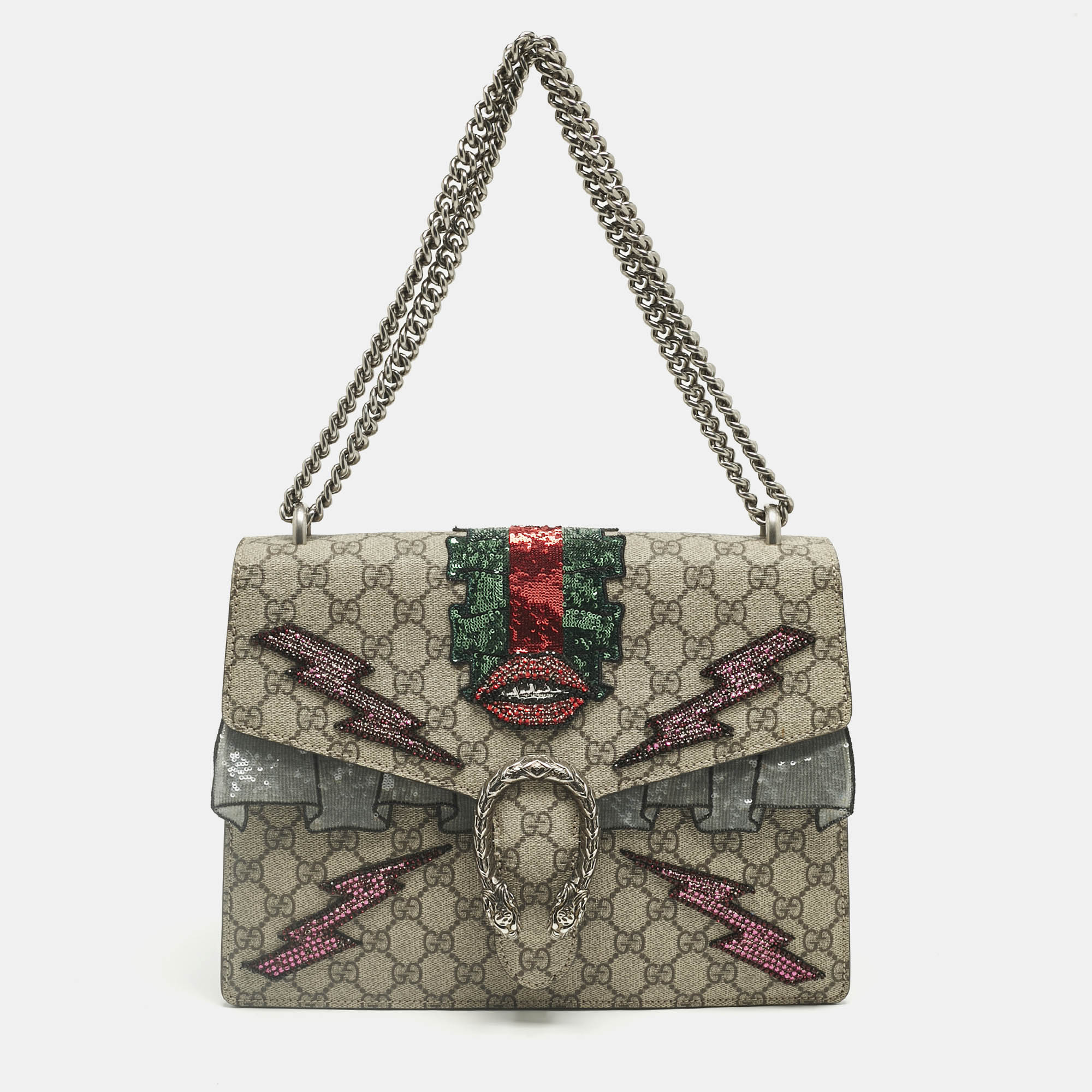 GUCCI Pre-owned Beige Gg Supreme Canvas And Suede Medium Patchwork Crystal Dionysus Shoulder Bag In Sand