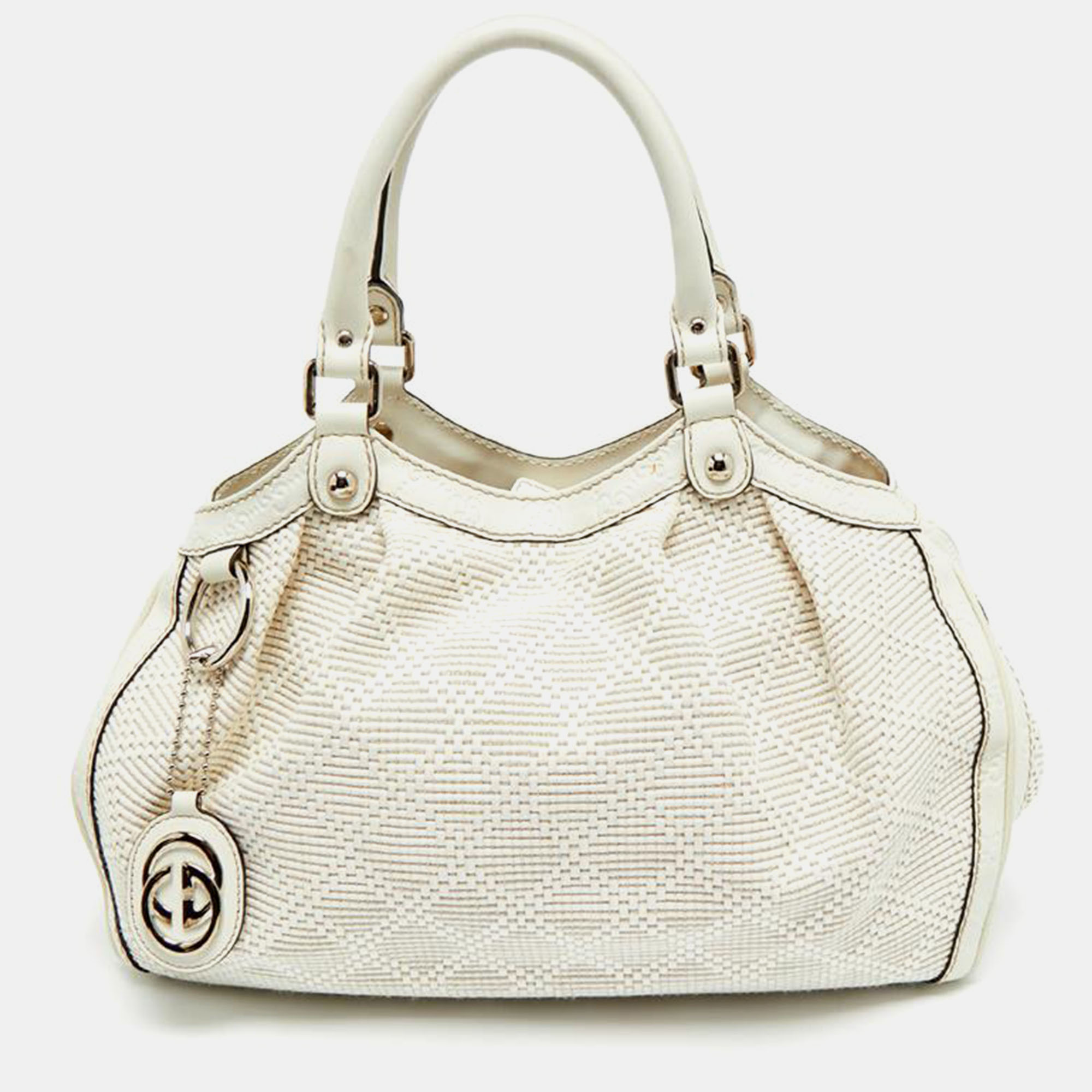 

Gucci White Diamante Straw and Leather  Sukey Tote