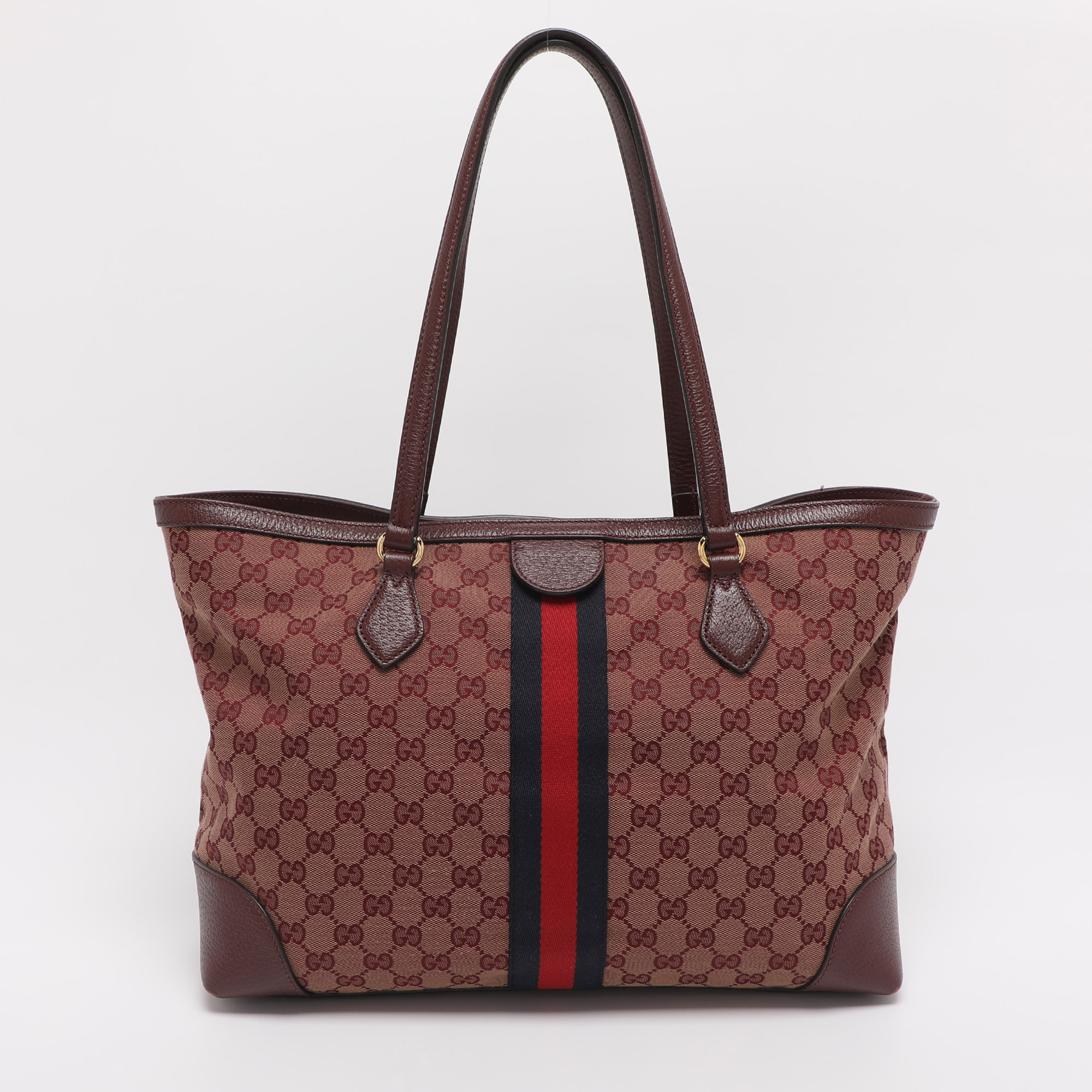 Pre-owned Gucci Red Gg Canvas And Leather Medium Web Ophidia Tote