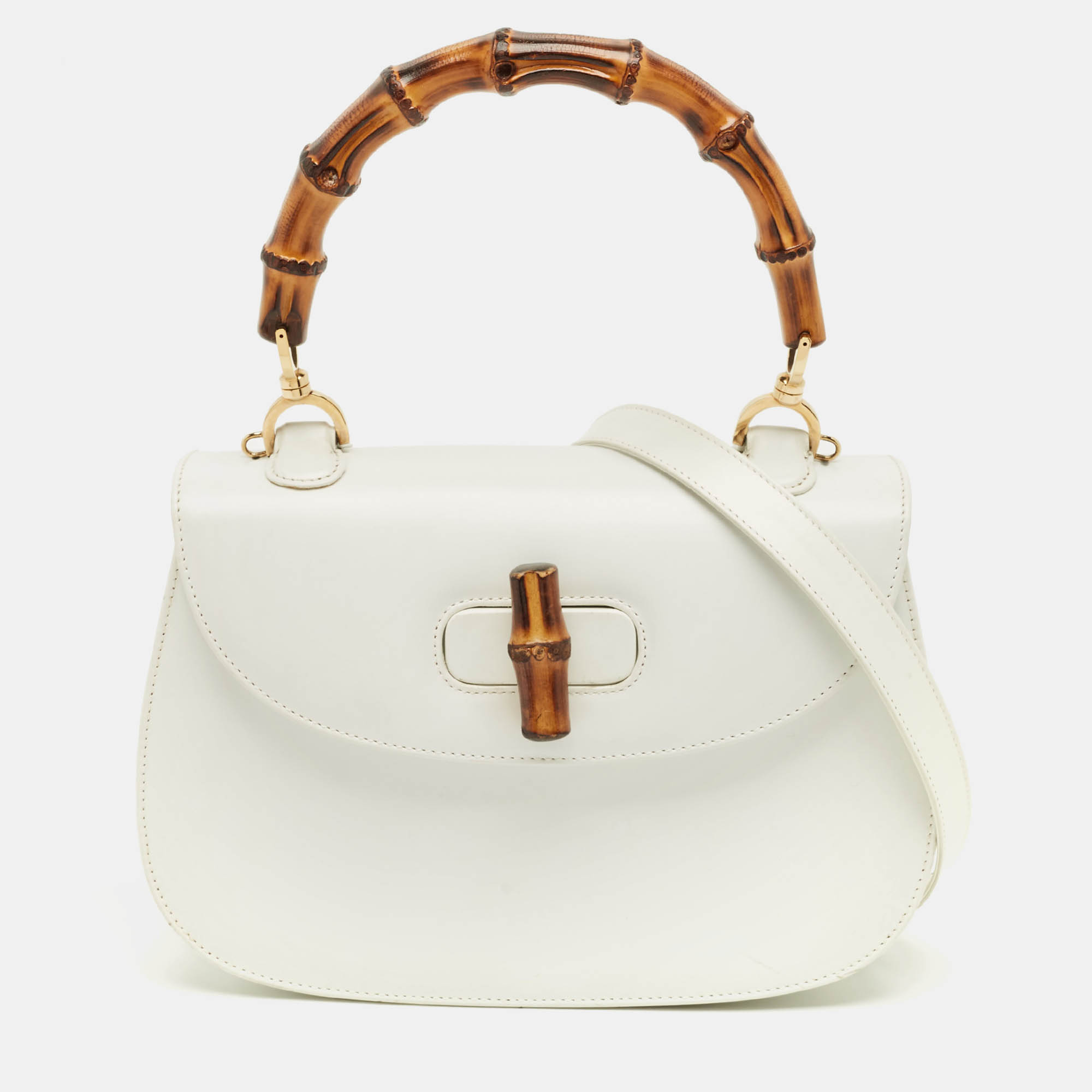 

Gucci White Leather Centennial Bamboo Top Handle Bag