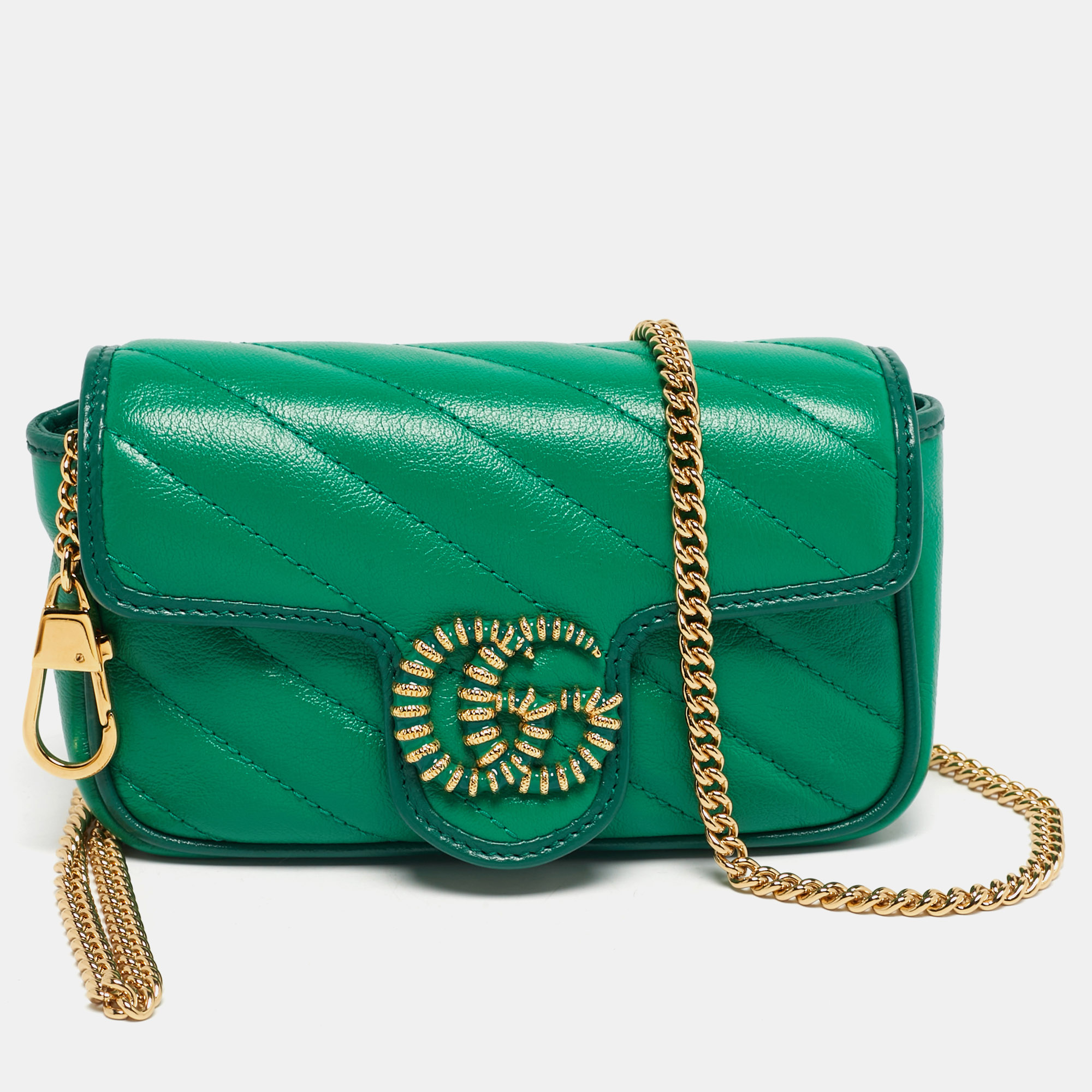 GUCCI Pre-owned Green Diagonal Quilt Leather Super Mini Gg Marmont Torchon Shoulder Bag