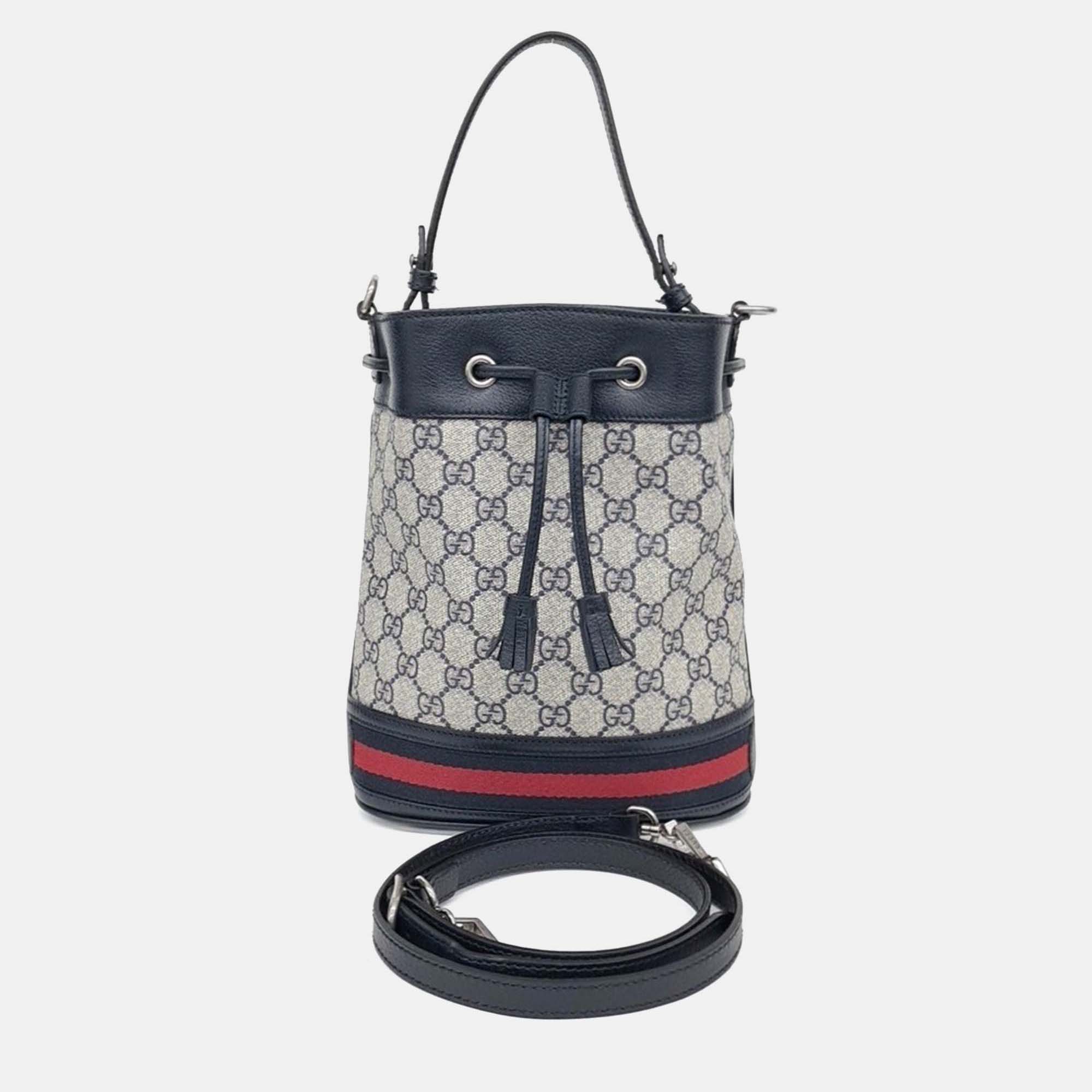 

Gucci Beige Navy Blue Coated Canvas Ophidia Small Bucket Bag