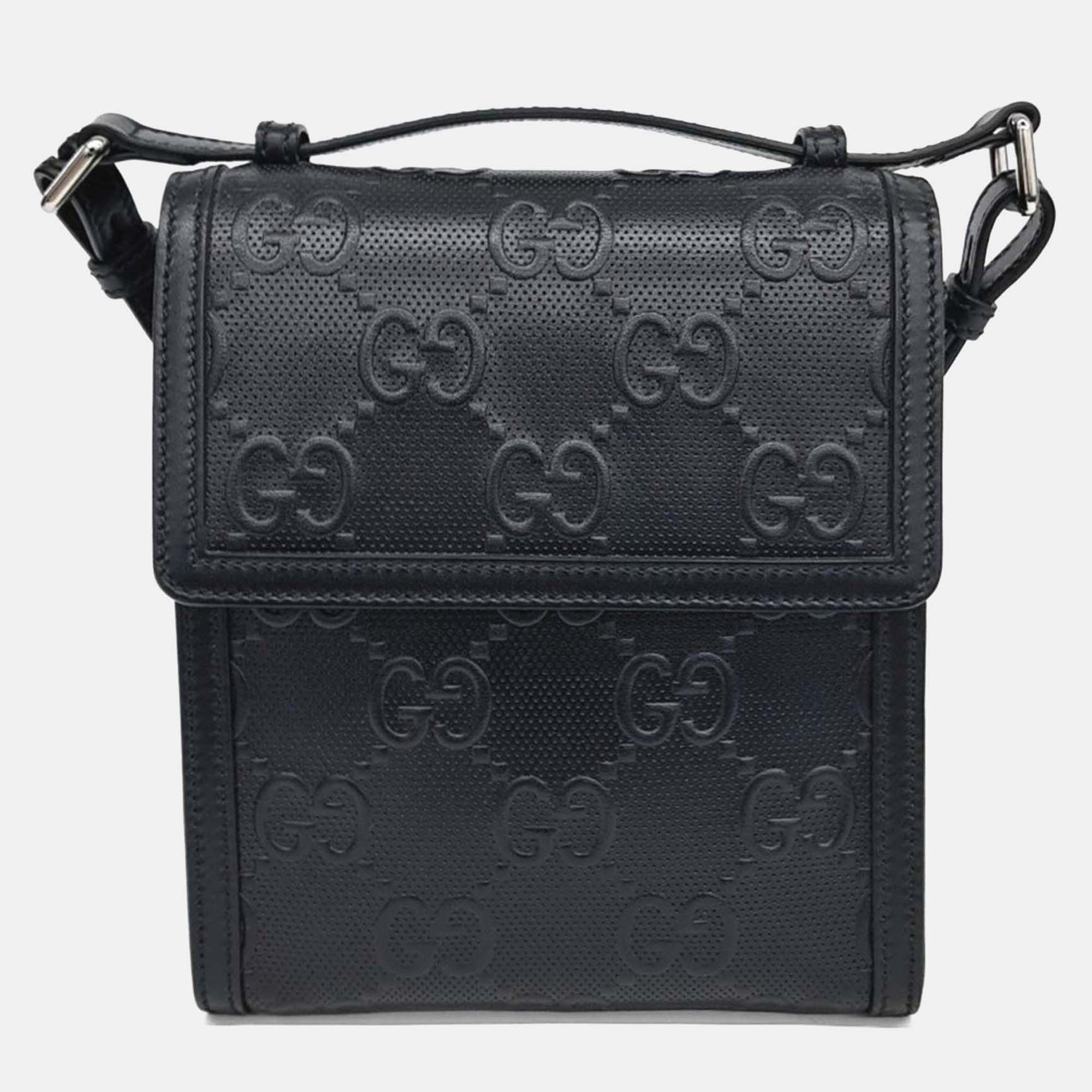 

Gucci Black Leather GG Embossed Messenger Bag