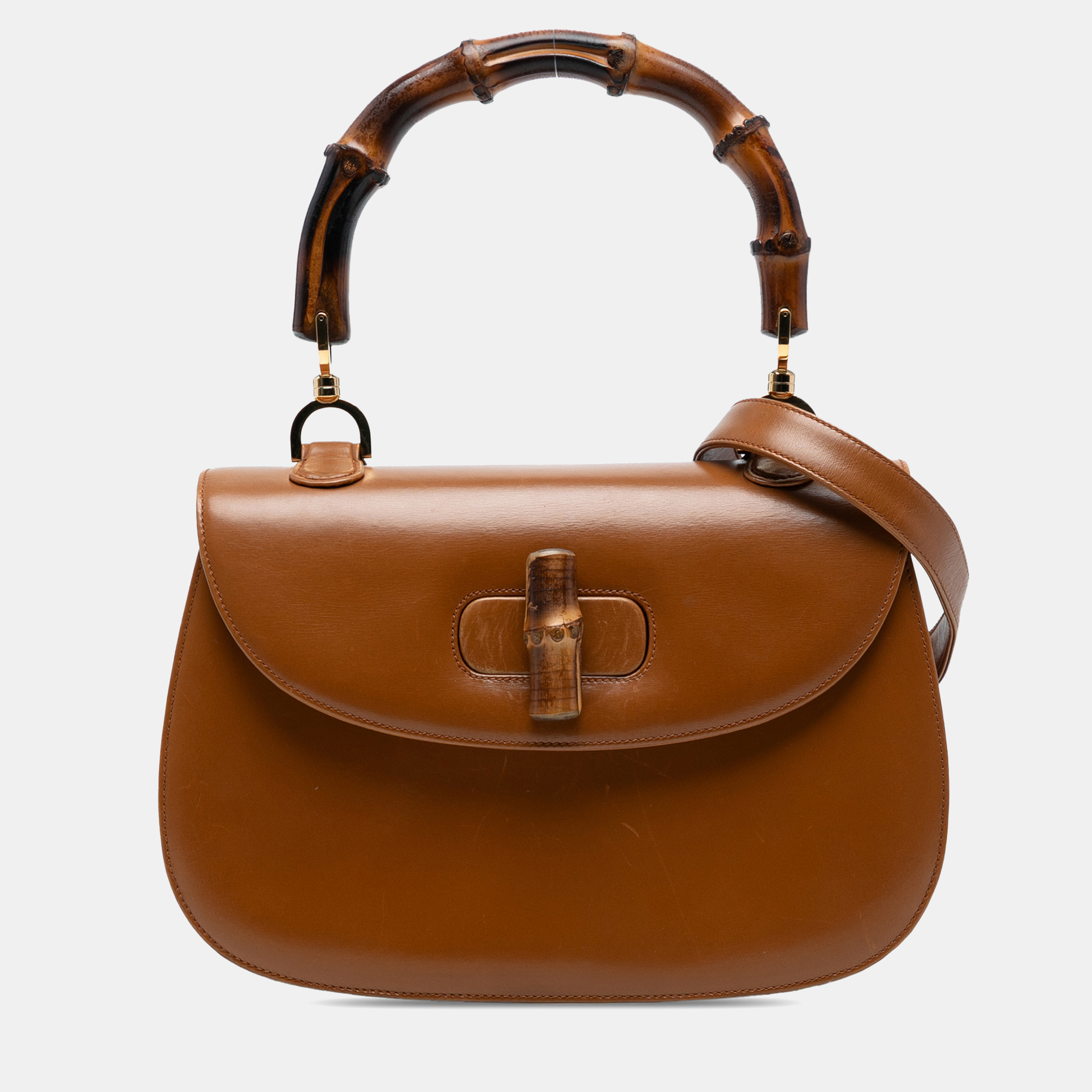

Gucci Brown Small Grained Calfskin Bamboo Top Handle Bag