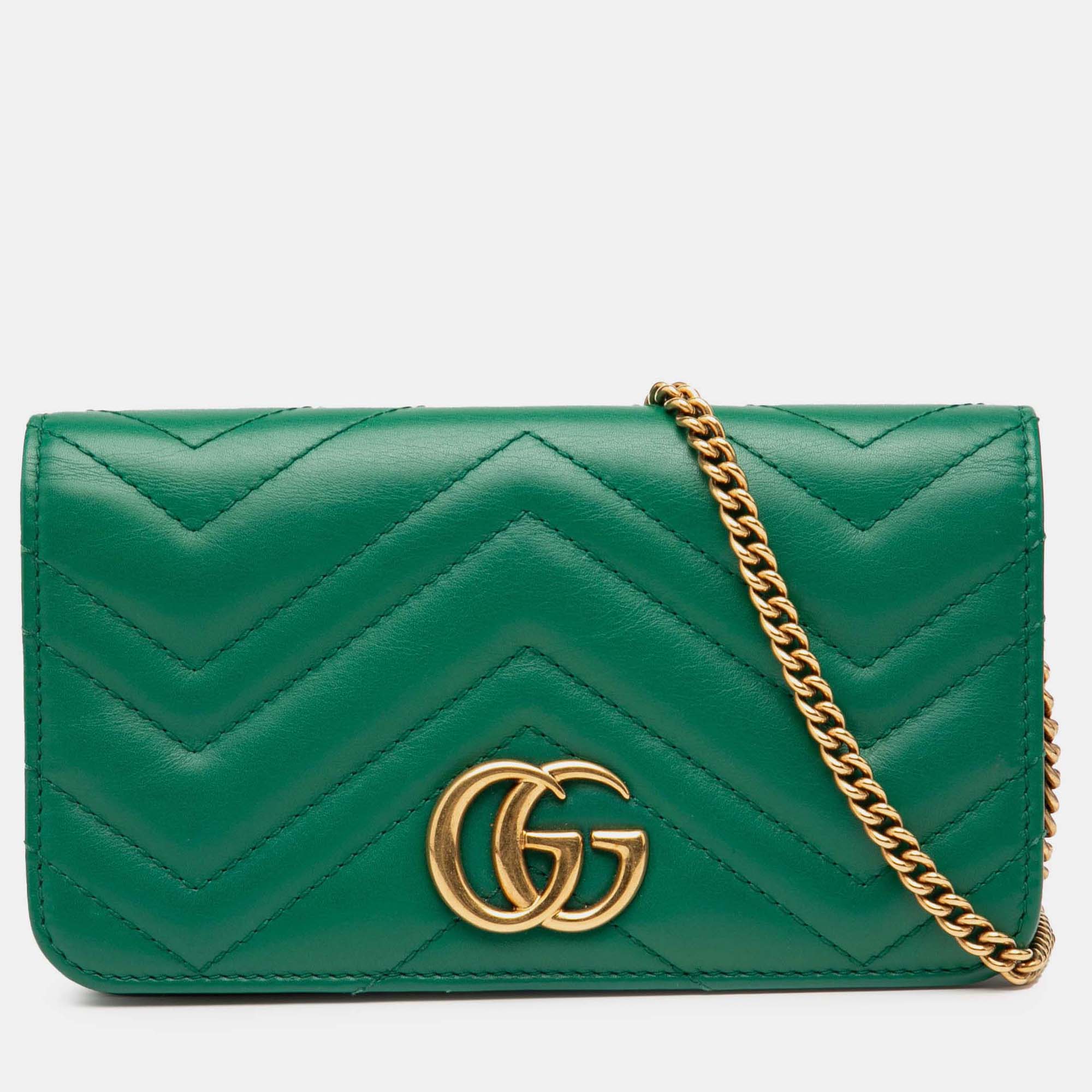 

Gucci Green Mini GG Marmont Matelasse Leather Wallet On Chain