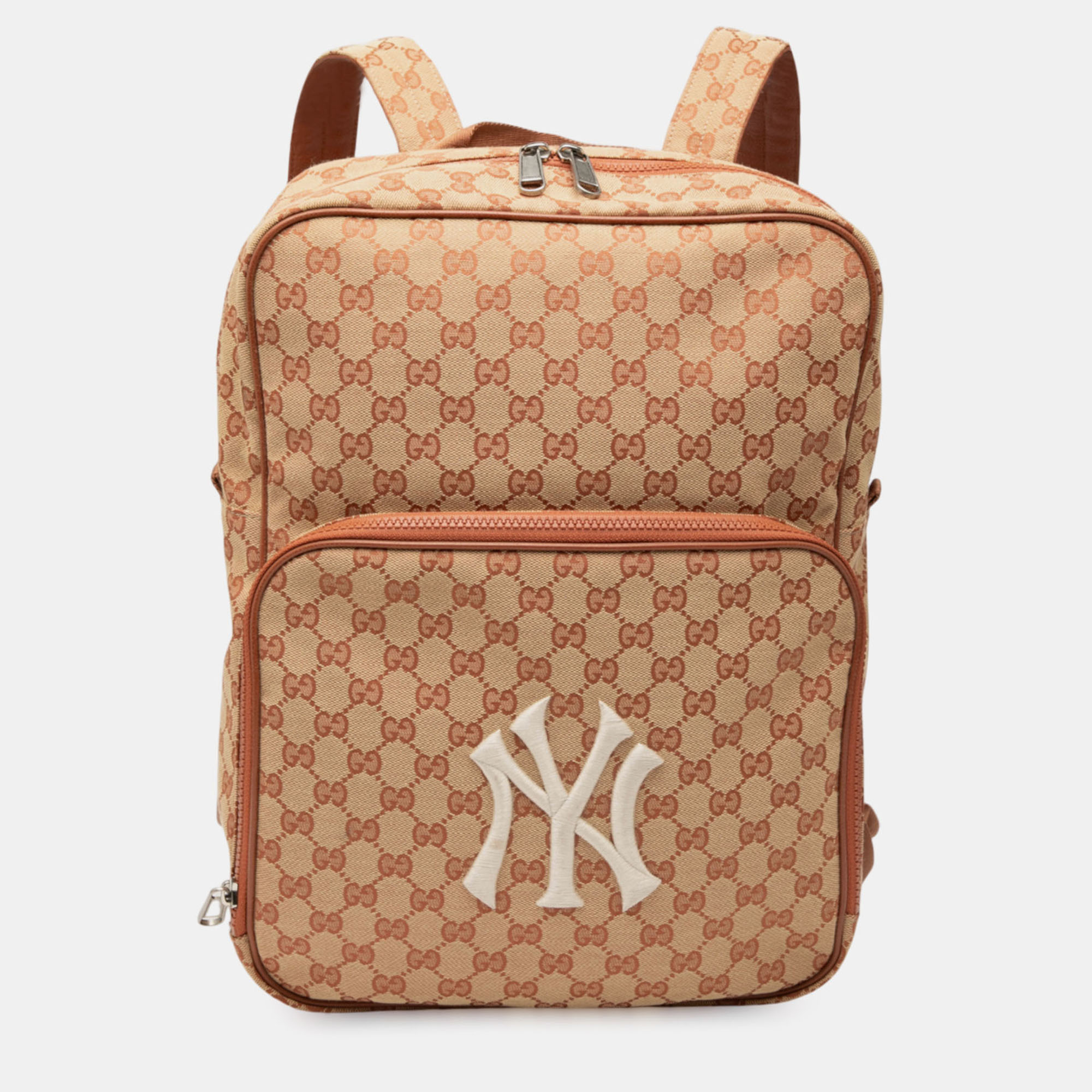 Pre-owned Gucci Beige Brown Gg Canvas Ny Yankees Backpack In Sand