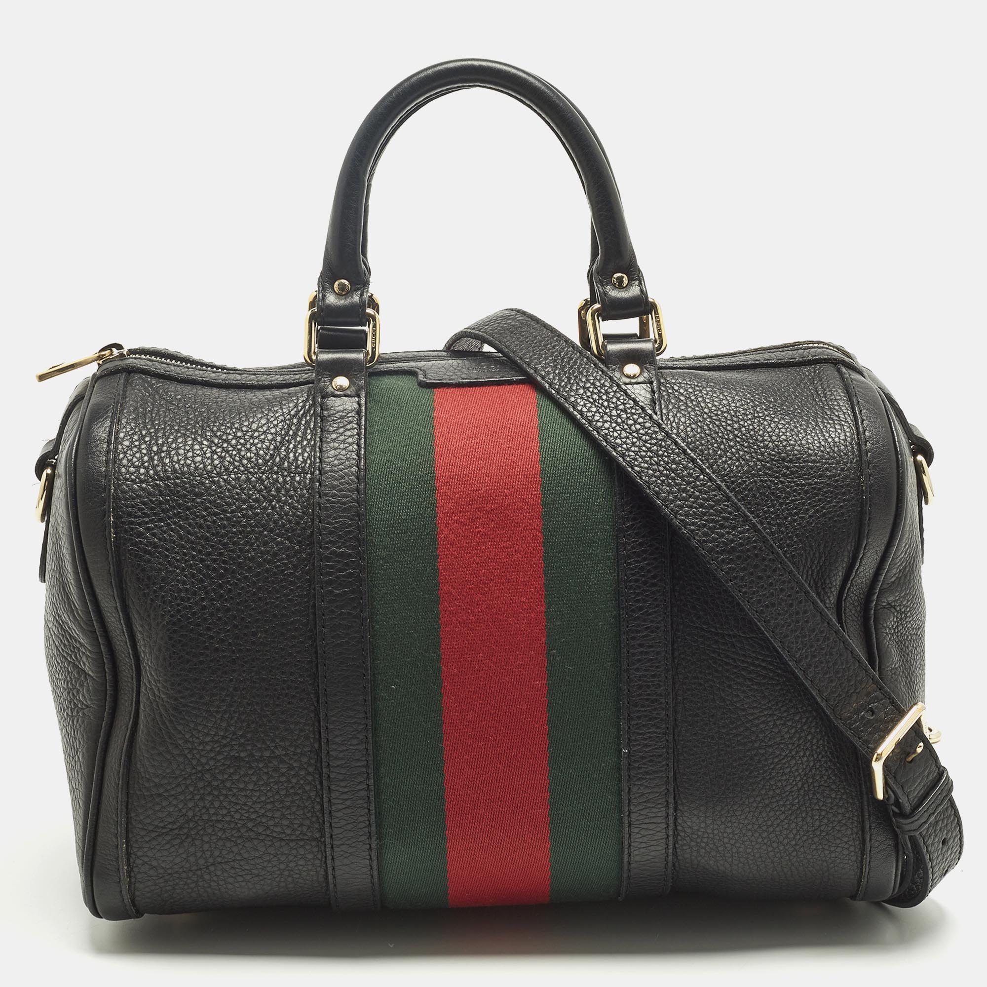 

Gucci Web Medium Black Leather Boston Bag