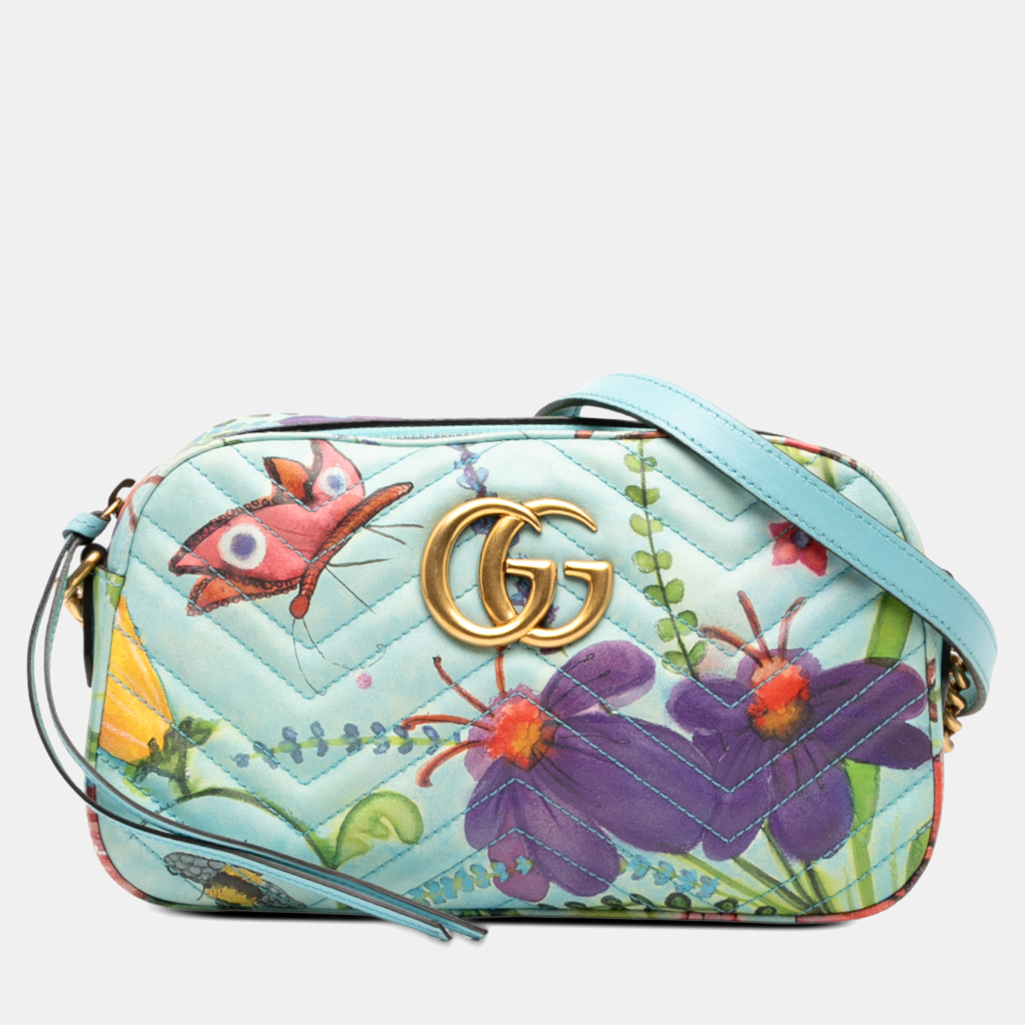 

Gucci Blue Unskilled Worker Small GG Marmont Matelasse Calfskin Flora Painted Crossbody