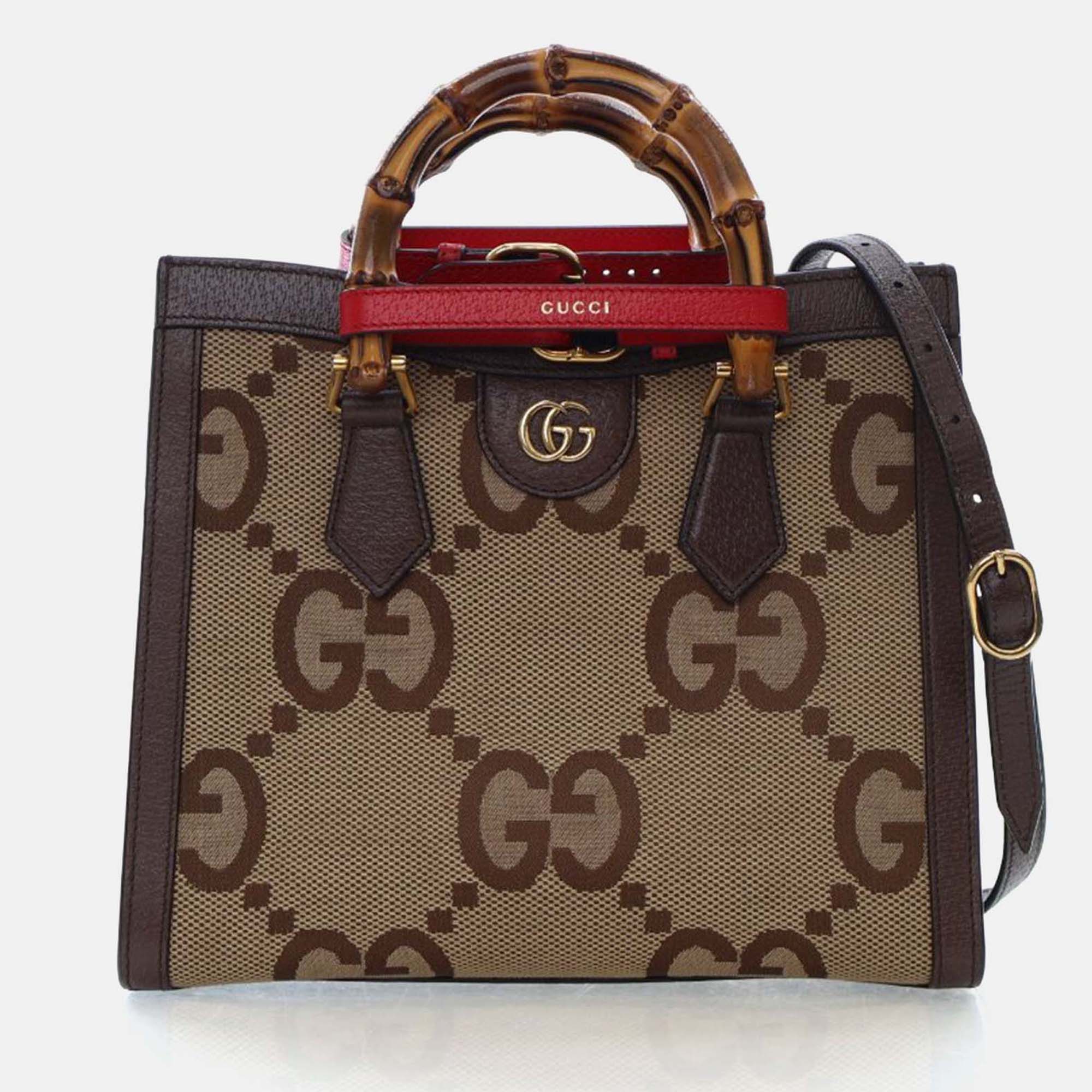 Pre-owned Gucci Medium Brown Jumbo Bamboo Calf Leather Coated Canvas Gg Diana Tote