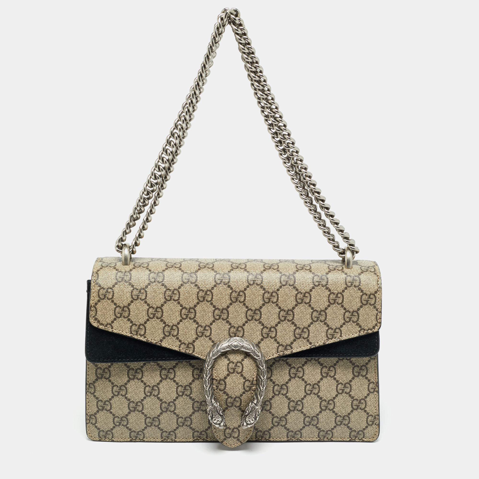 GUCCI Pre-owned Black/beige Gg Supreme Canvas And Suede Small Dionysus Shoulder Bag In Sand