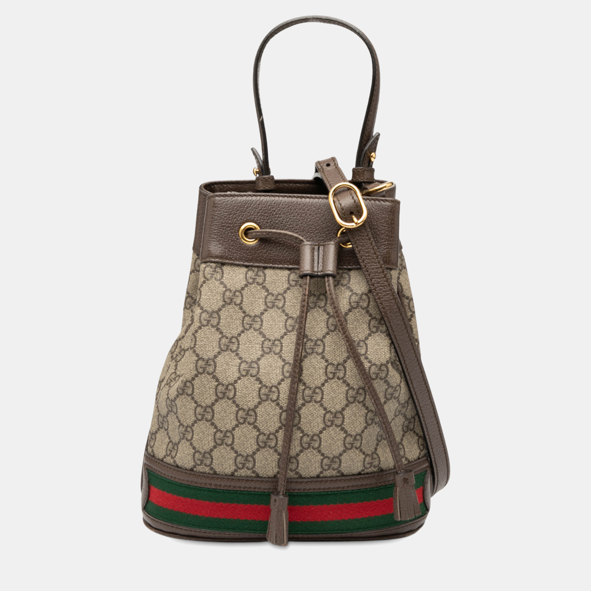 

Gucci Brown Small GG Supreme Ophidia Web Bucket Bag