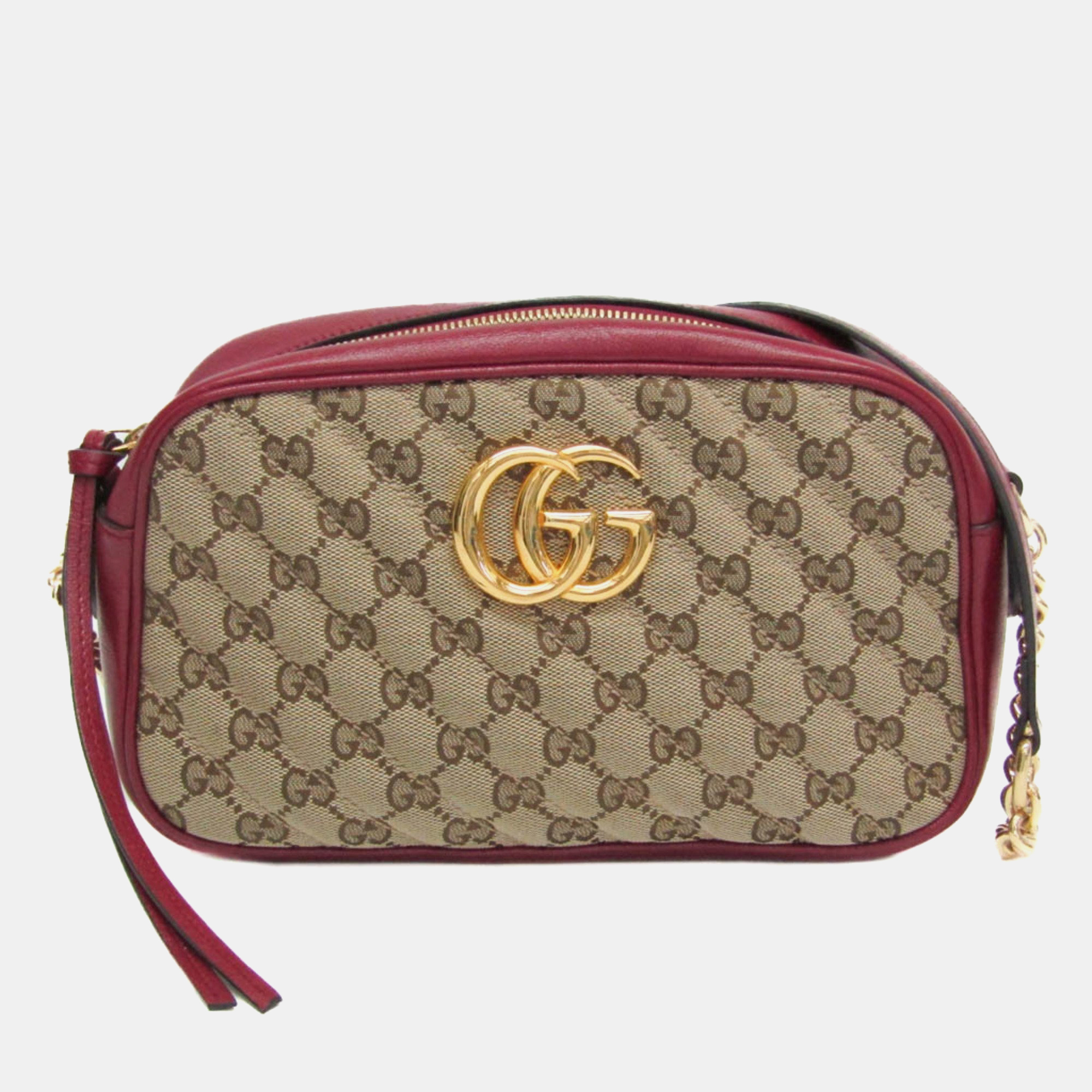 

Gucci Beige/Red Leather GG Canvas Marmont Small Camera Shoulder Bag