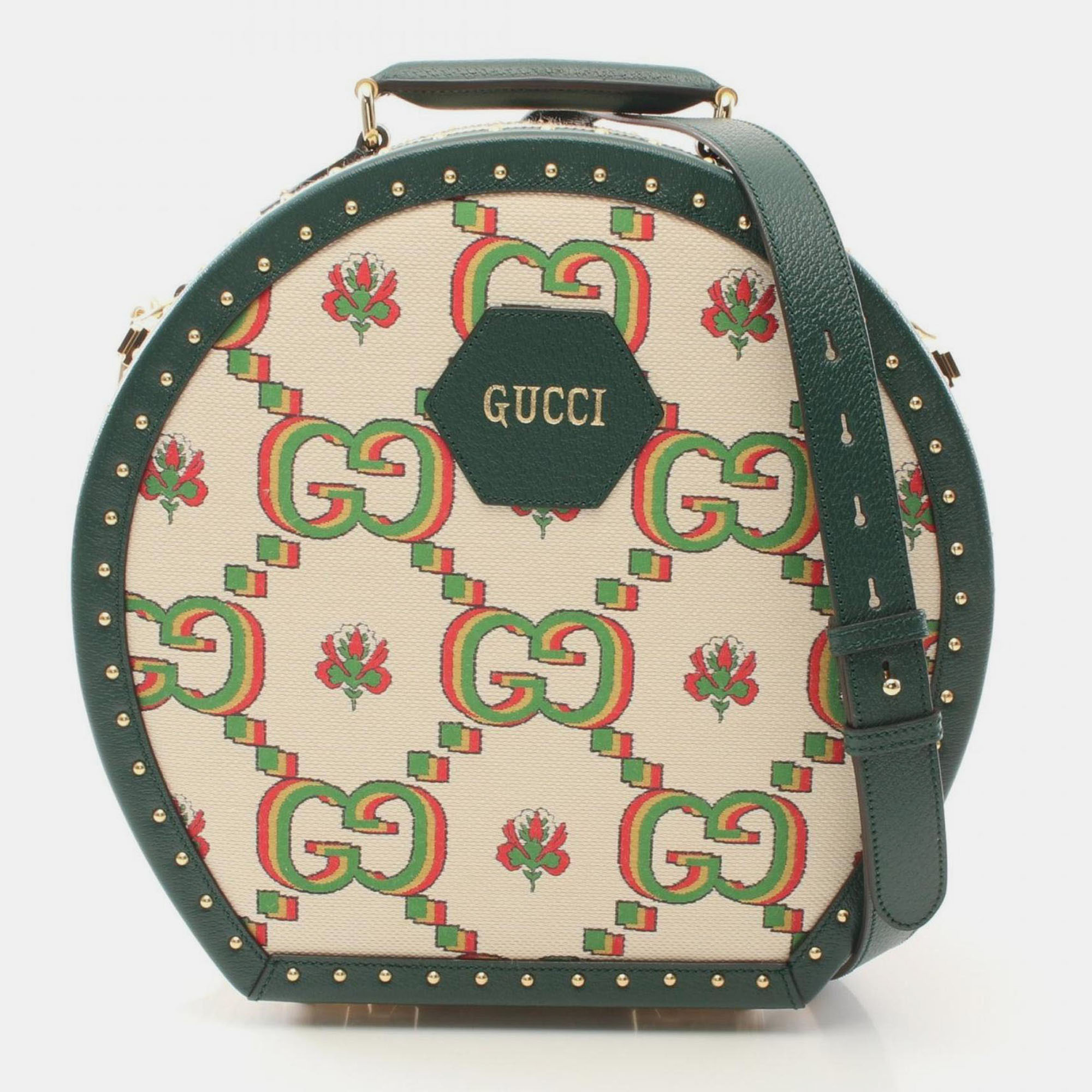 Click to view more detailed imagery on our partner's website Pre-owned Gucci Centennial Gg Flower Jacquard Handbag Coated Canvas Leather Beige Green Multicolor