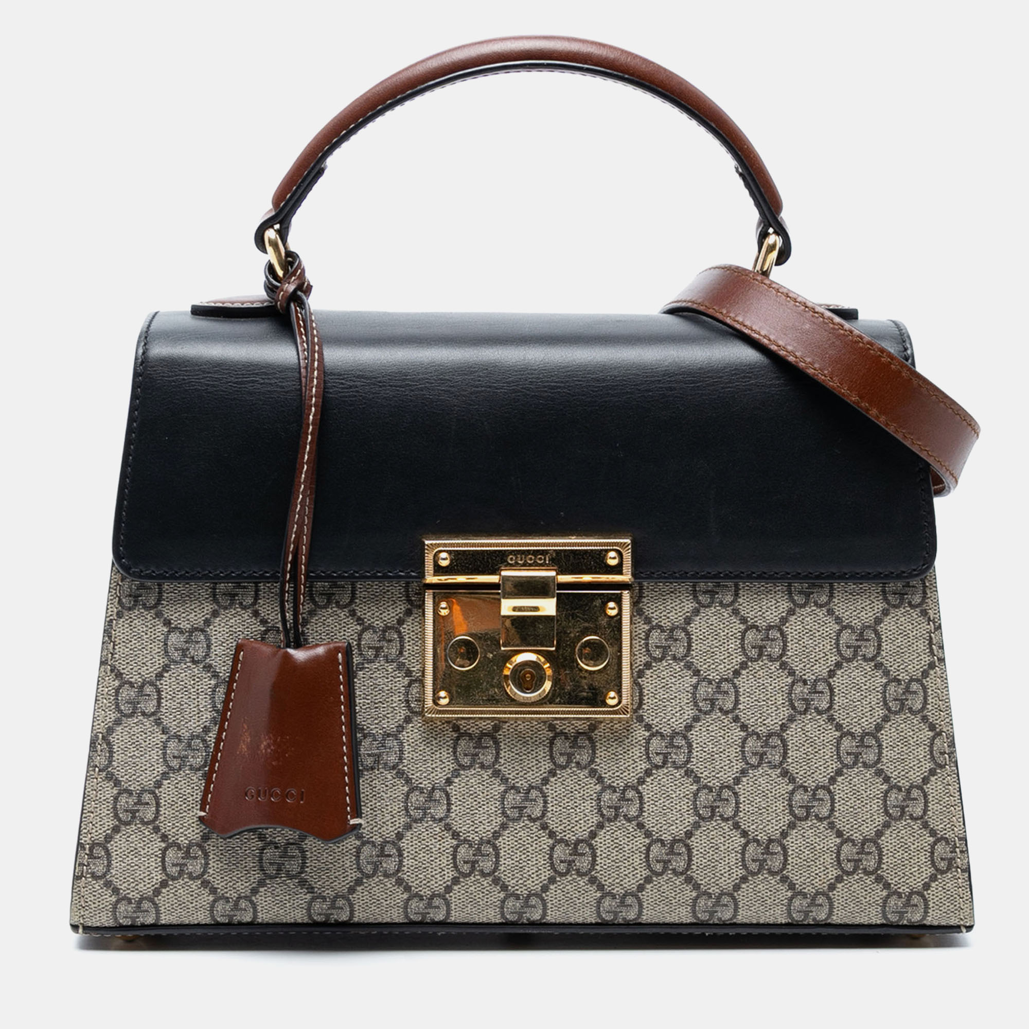 

Gucci Black Brown Small GG Supreme Padlock Satchel