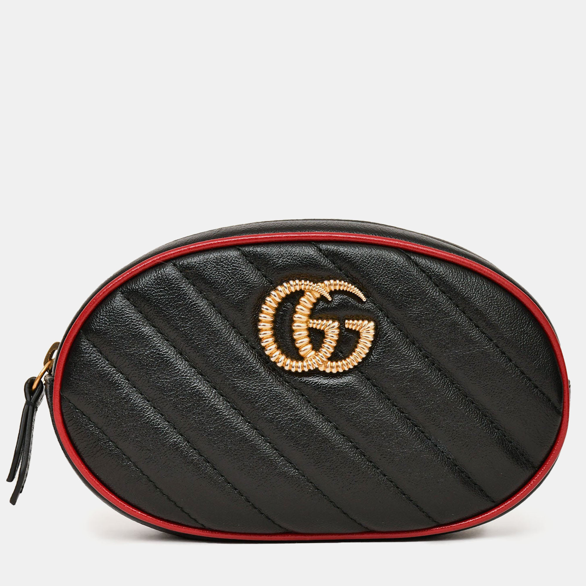 Pre-owned Gucci Black/red Quilted Gg Marmont Belt Bag Sz 85/34