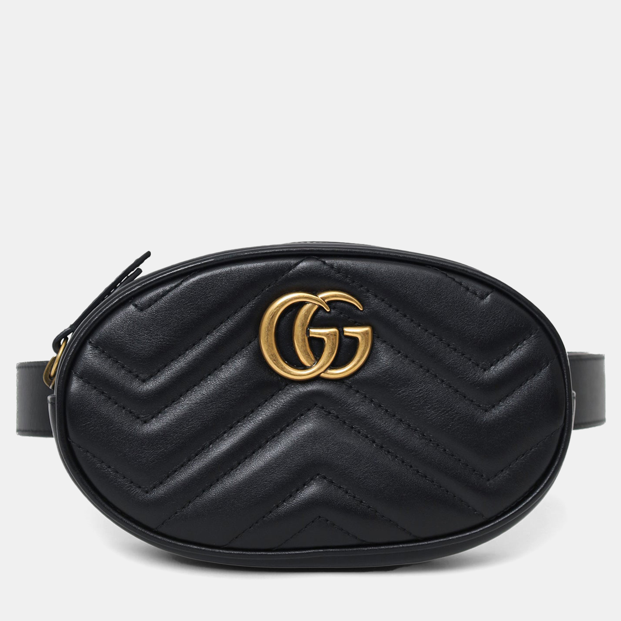 Pre-owned Gucci Black Leather Quilted 'gg' Marmont Belt Bag Size 75