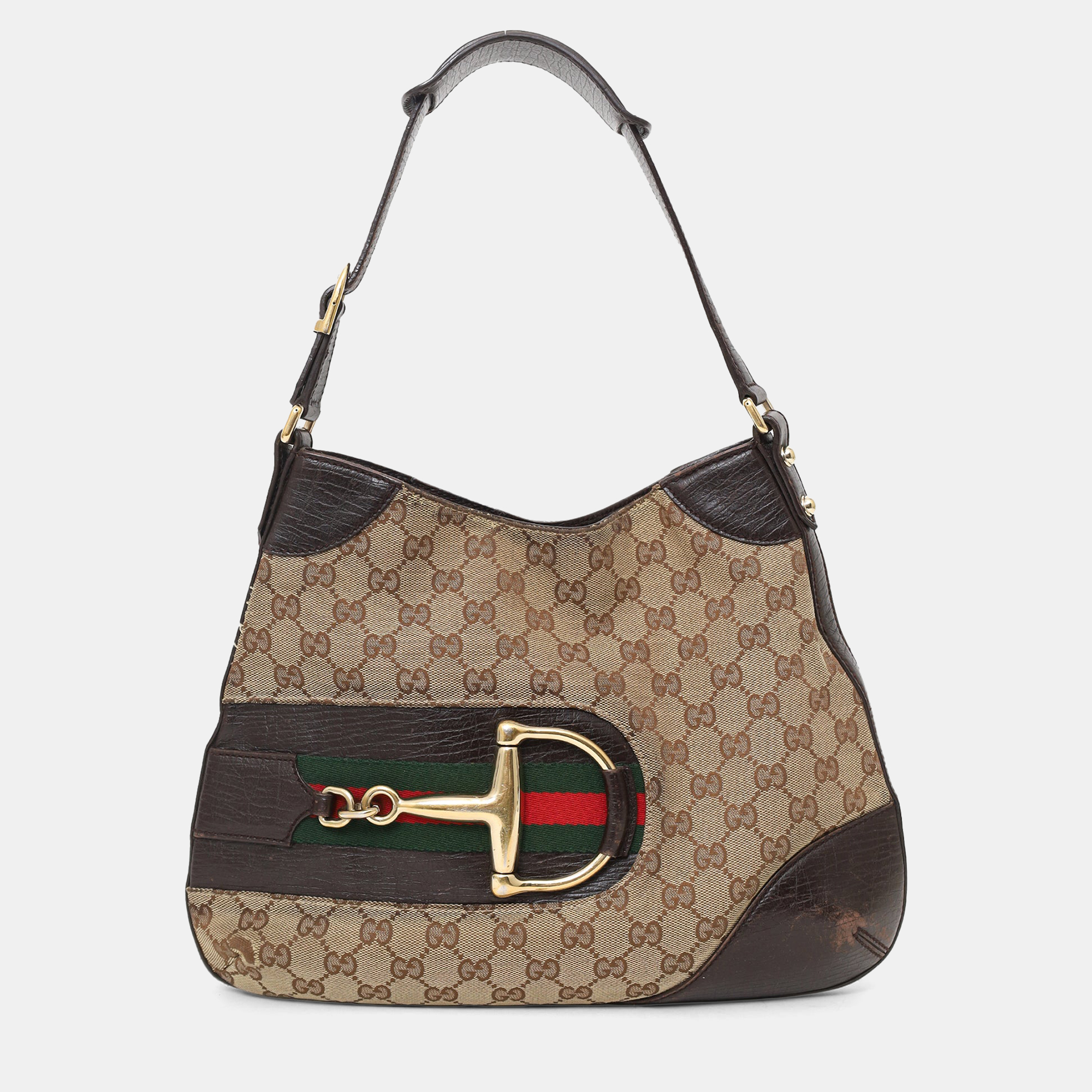 

Gucci brown 'GG' Web Horsebit Hobo Bag