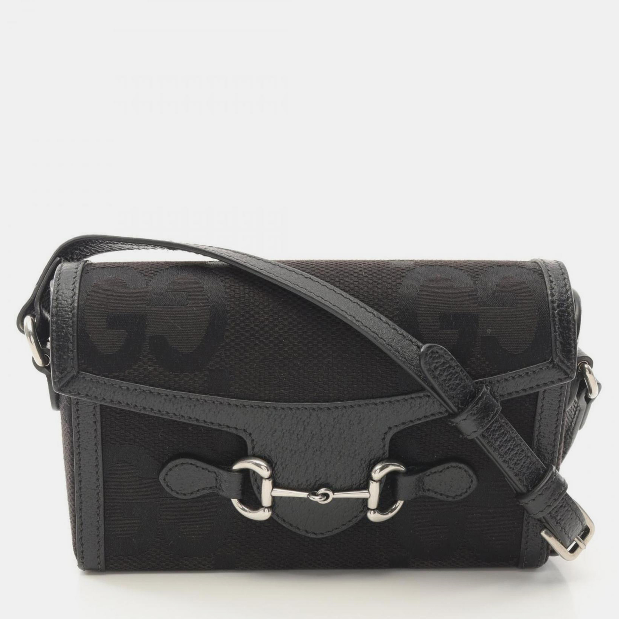 

Gucci Horsebit 1955 Jumbo GG Black Canvas Leather Shoulder Bag