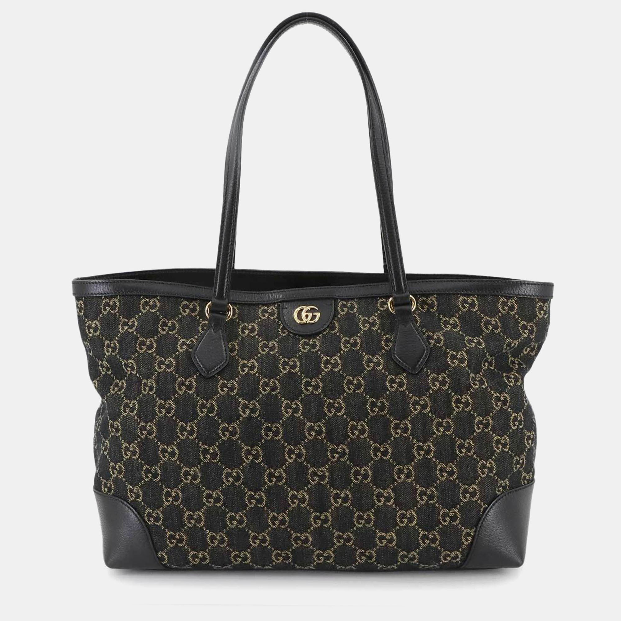 

Gucci Ophidia Medium Tote Bag In Gg Jacquard Denim And Leather Black