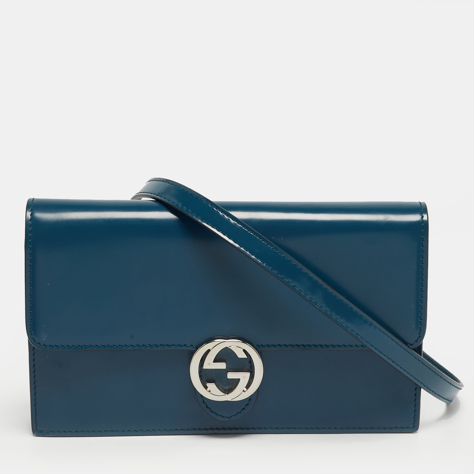 Pre-owned Gucci Interlocking G Teal Blue Leather Wallet On Chain