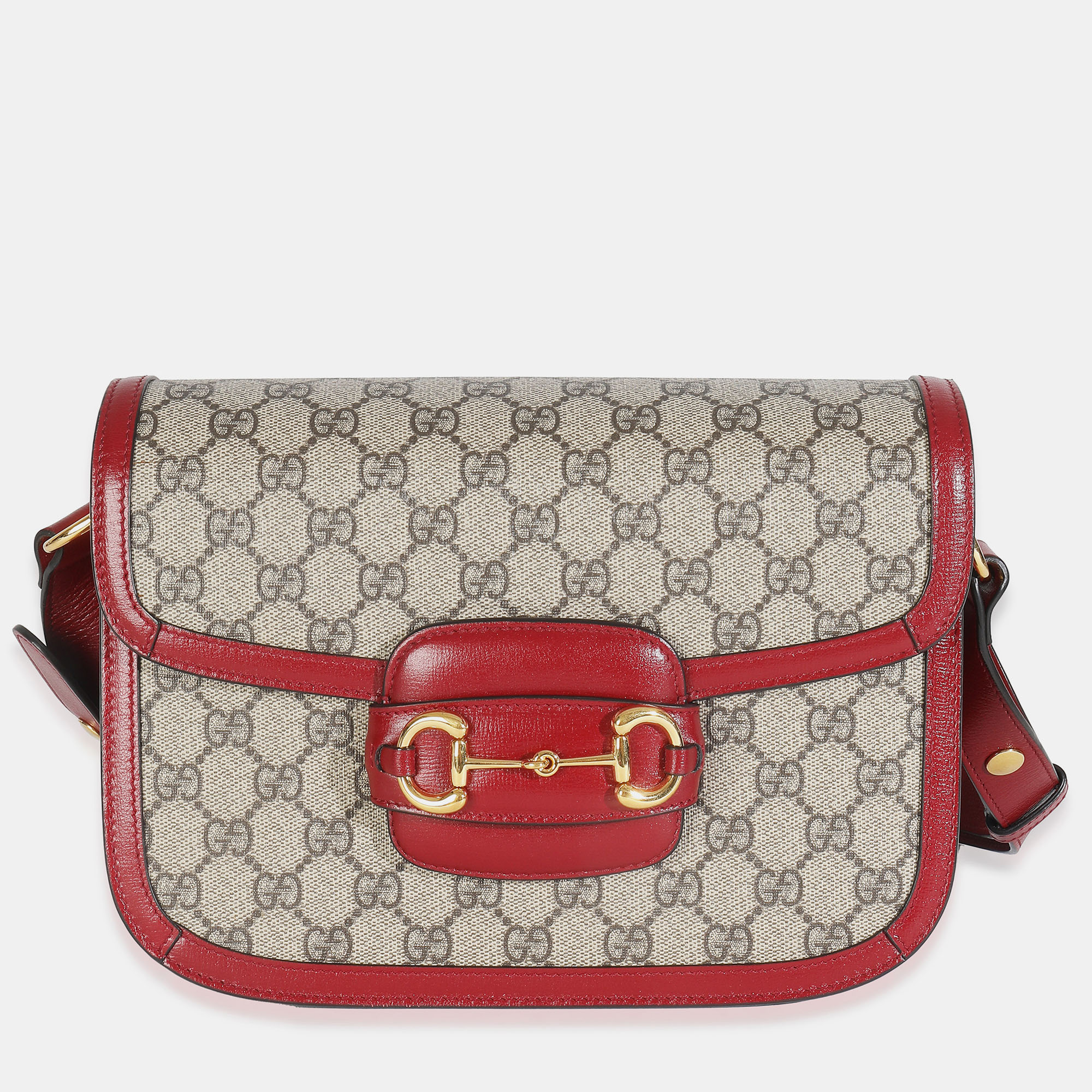 

Gucci Cherry Red Beige GG Supreme Azalea Calfskin Horsebit 1955 Shoulder Bag