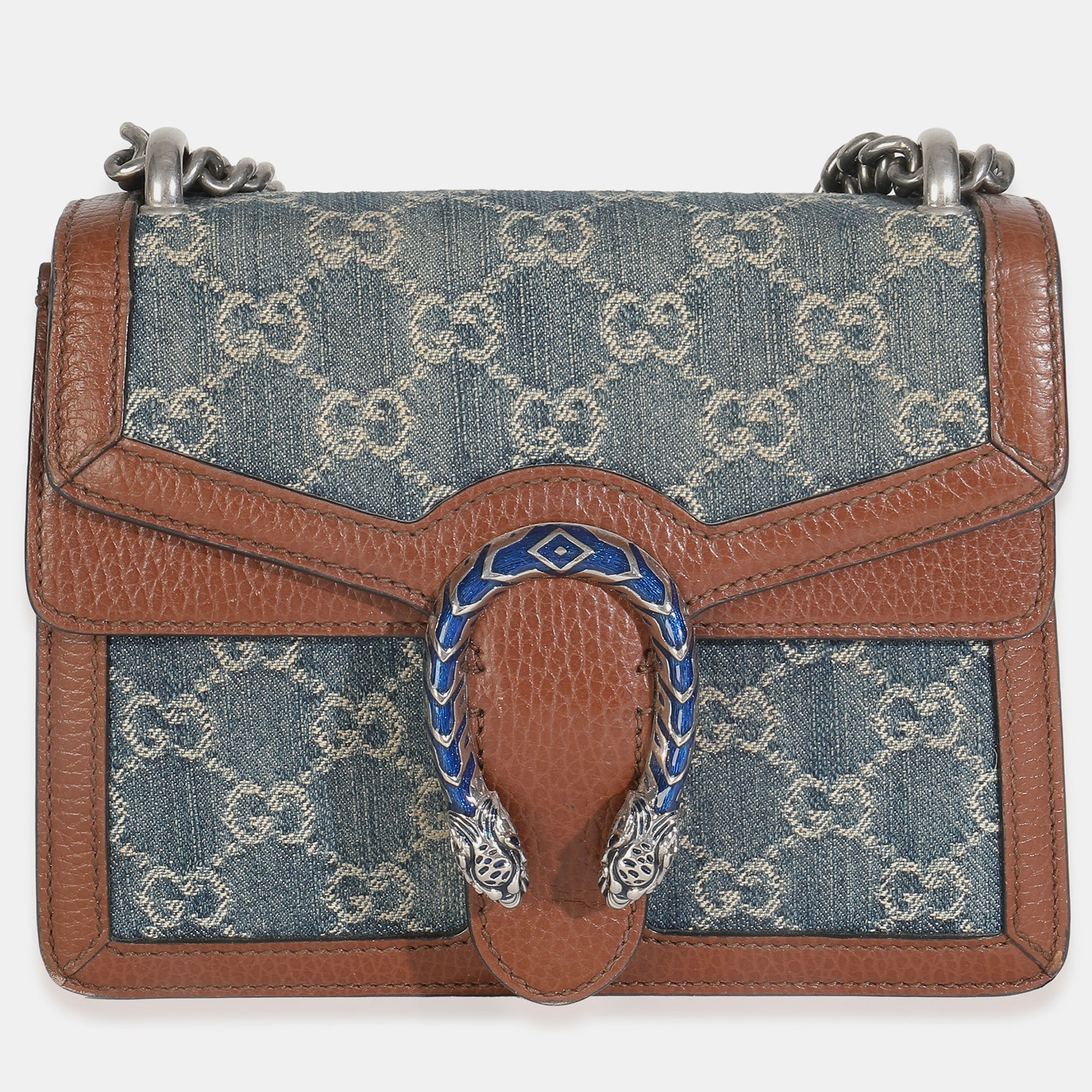 Pre-owned Gucci Blue New Denim Gg Monogram Dollar Calfskin Enamel Mini Dionysus Bag