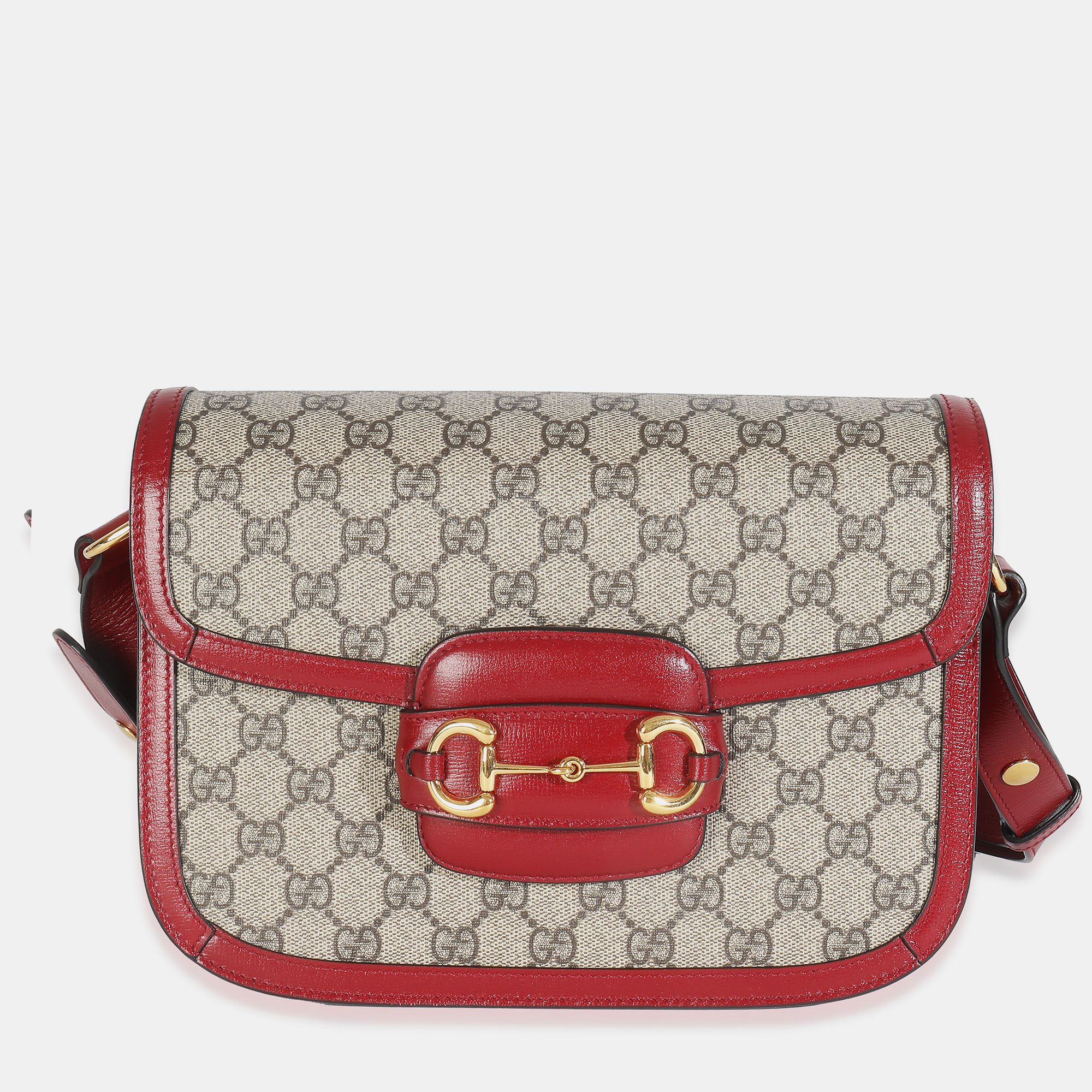 

Gucci Cherry Red Beige GG Supreme Azalea Calfskin Horsebit 1955 Shoulder Bag