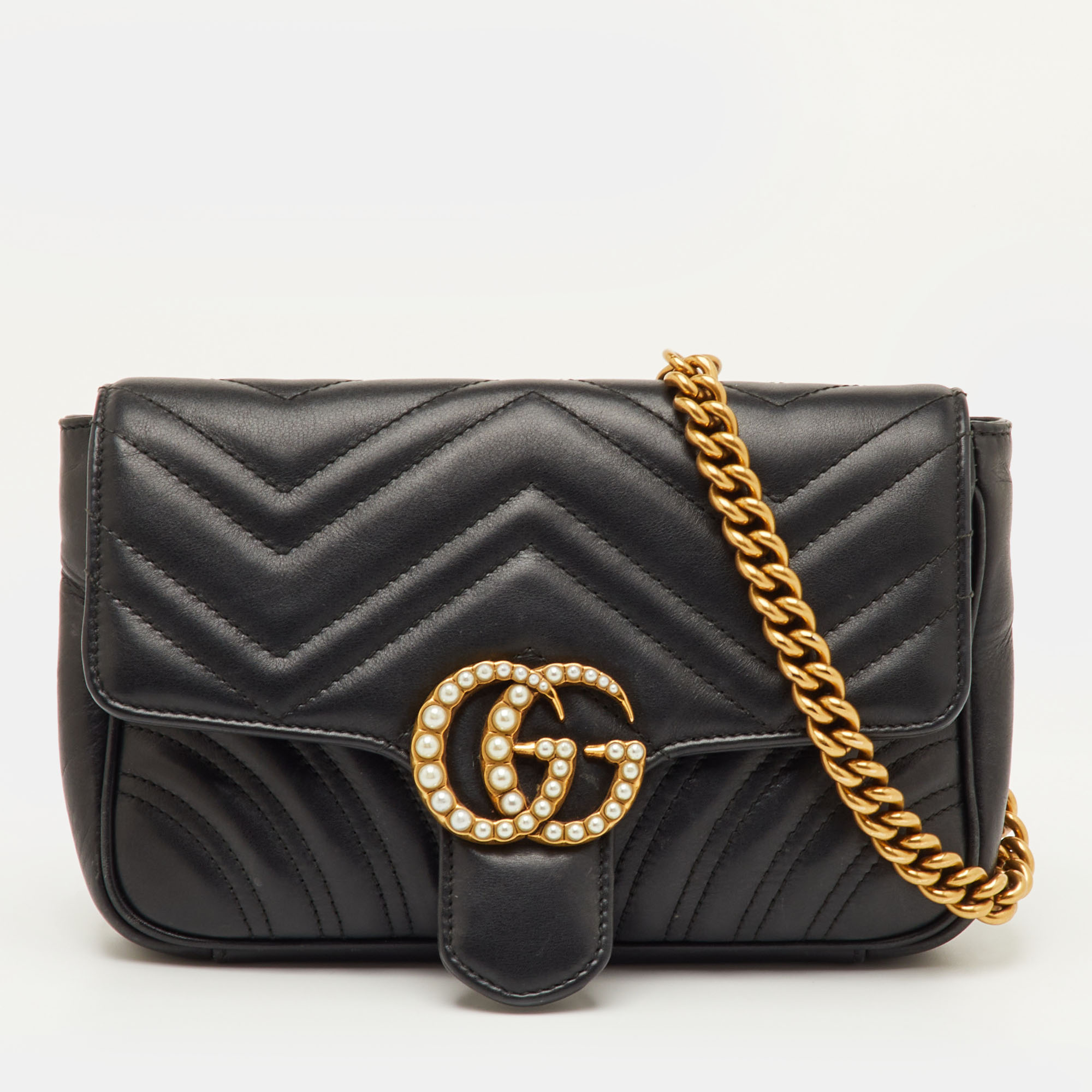 Pre-owned Gucci Gg Marmont Pearl Studded Black Matelassé Leather Waist Belt Bag