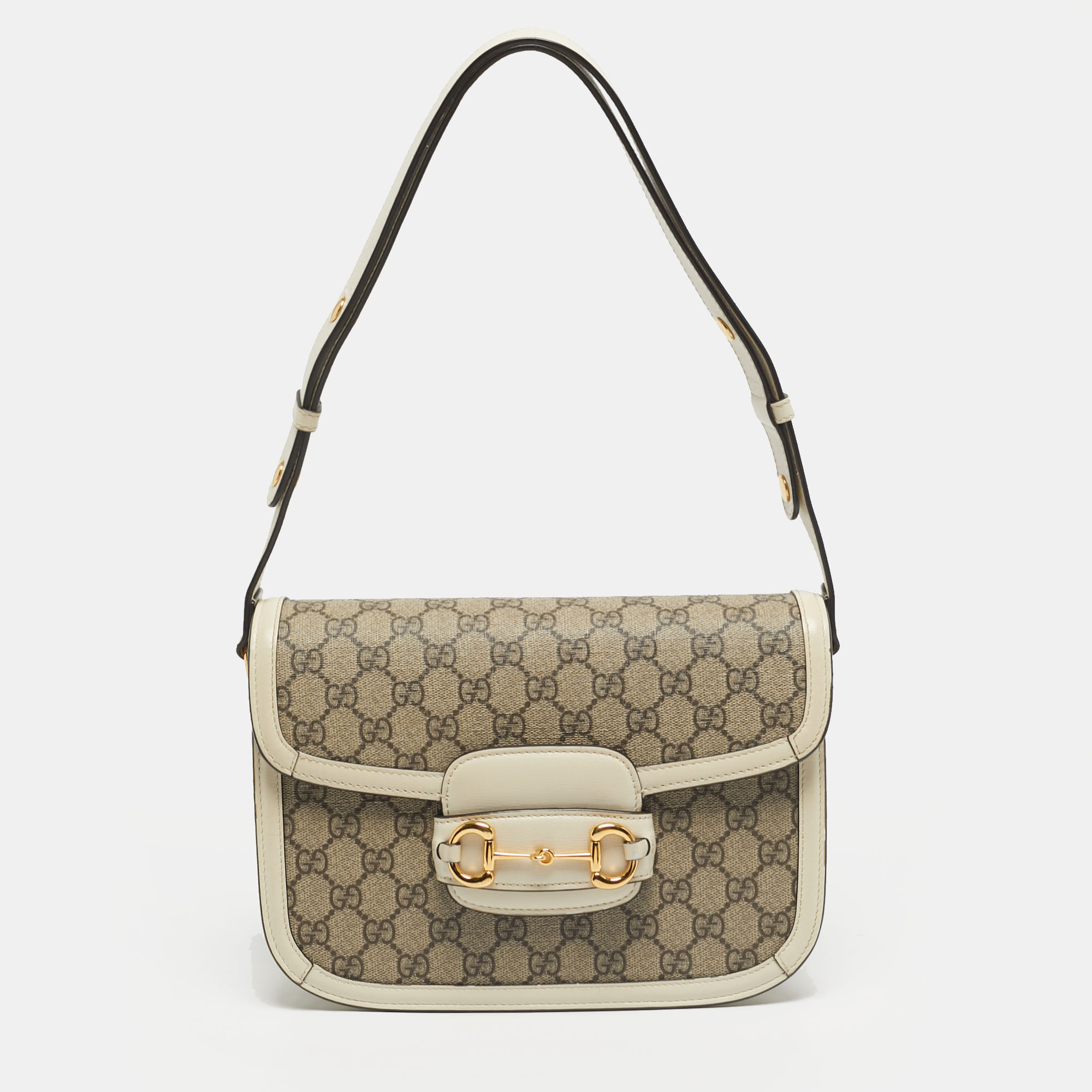 Click to view more detailed imagery on our partner's website Pre-owned Gucci Horsebit 1955 Medium White/beige Gg Supreme Canvas Flap Shoulder Bag