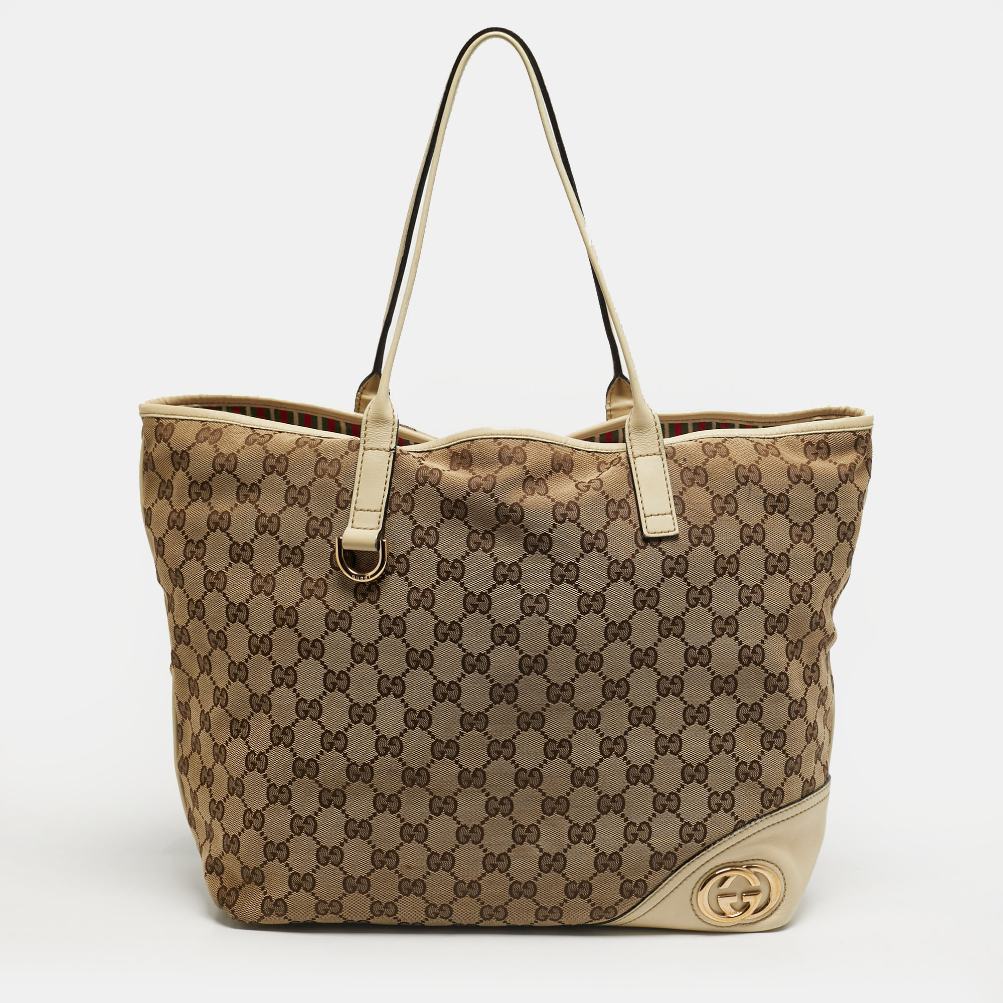 Pre-owned Gucci Britt Beige/off White Gg Canvas And Leather Tote