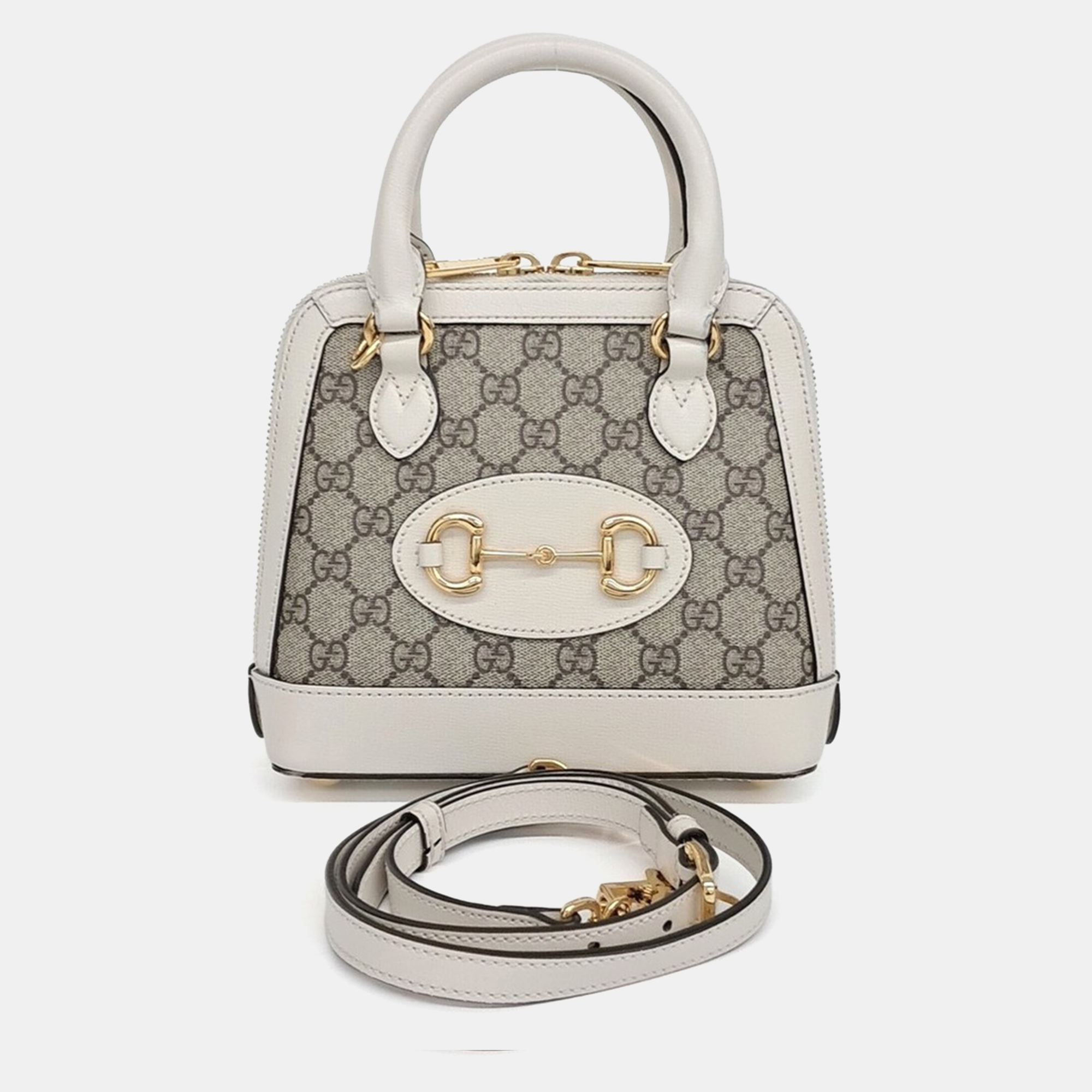 Pre-owned Gucci Beige Cream Pvc Horsebit 1955 Mini Top Handle Bag In Sand