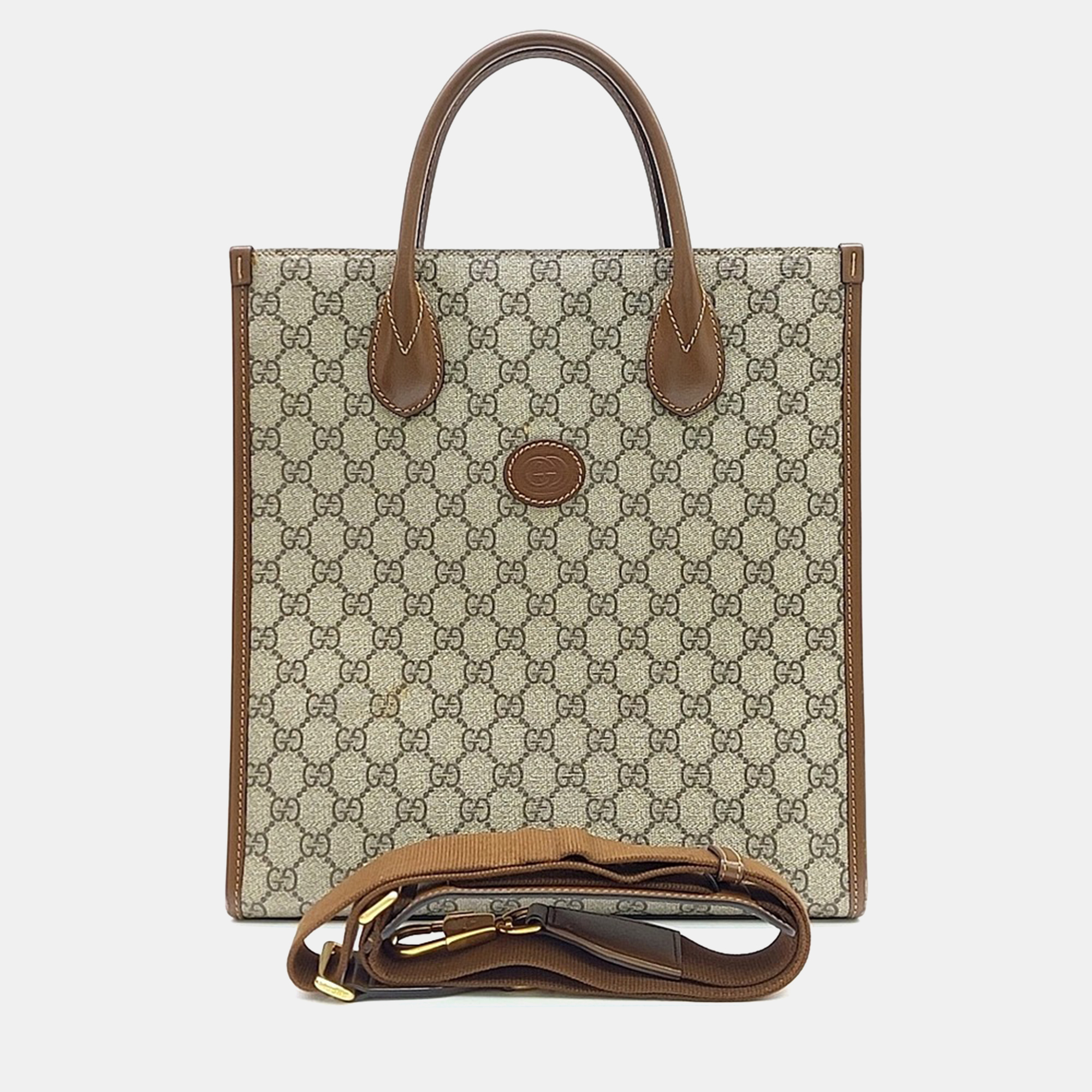 Pre-owned Gucci Beige Brown Pvc Interlocking G Tote And Shoulder Bag In Sand