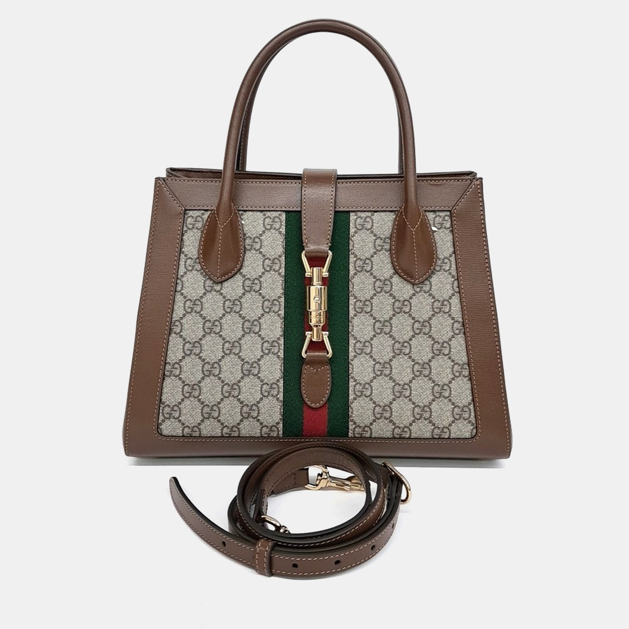 Pre-owned Gucci Beige Brown Pvc Jackie 1961 Medium Tote Bag In Sand