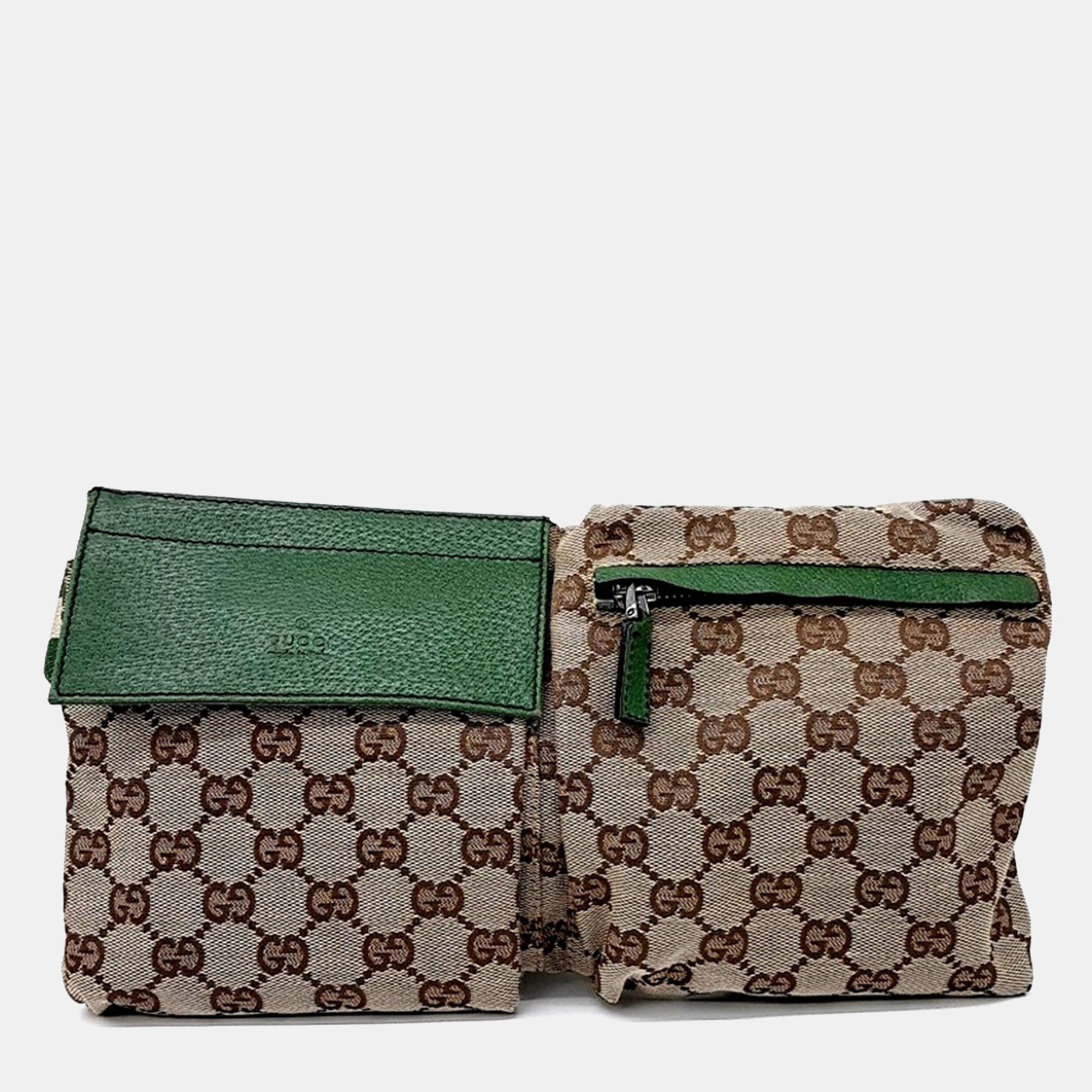

Gucci Beige Green Fabric Two-Pocket Hip Sack