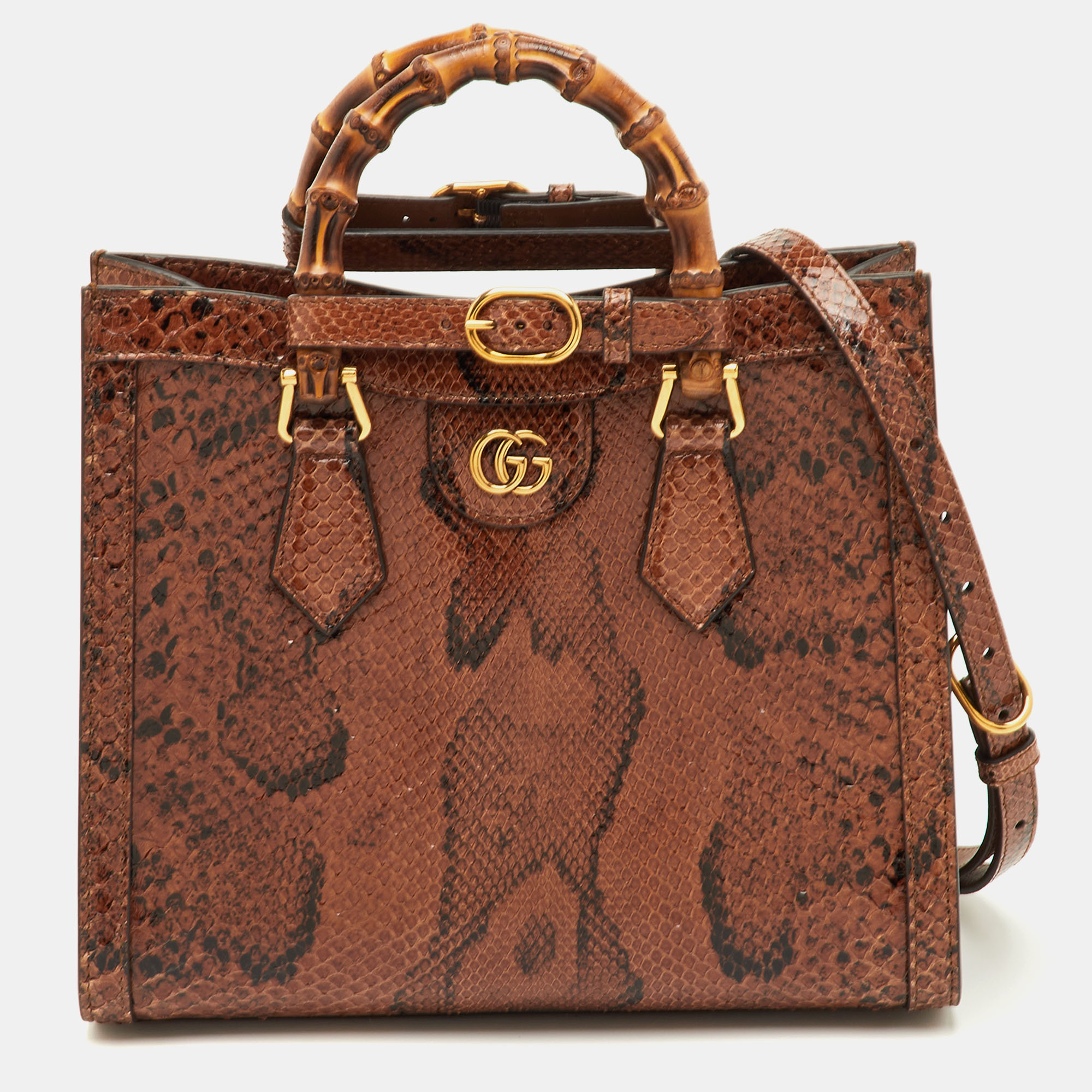 Pre-owned Gucci Diana Small Brown Python Bamboo Tote