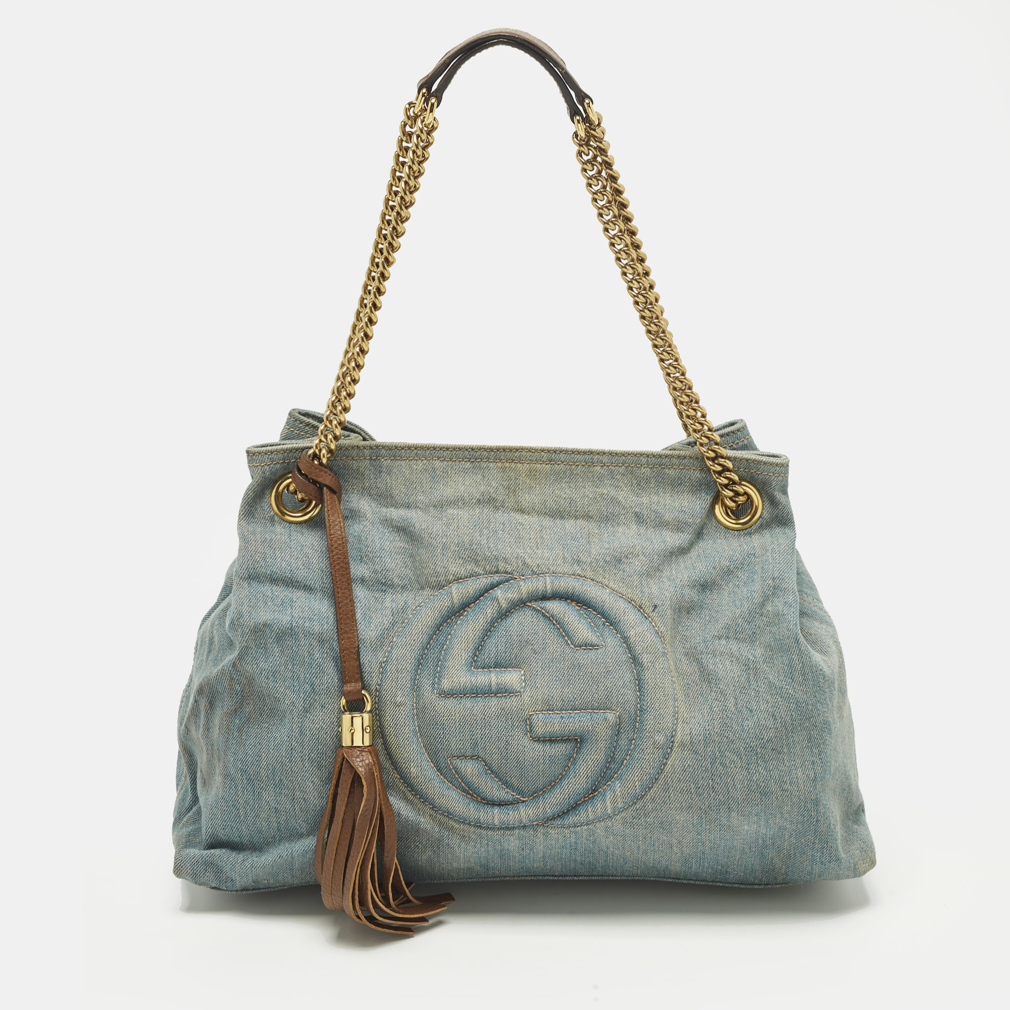 Pre-owned Gucci Soho Chain Medium Blue Denim Shoulder Bag